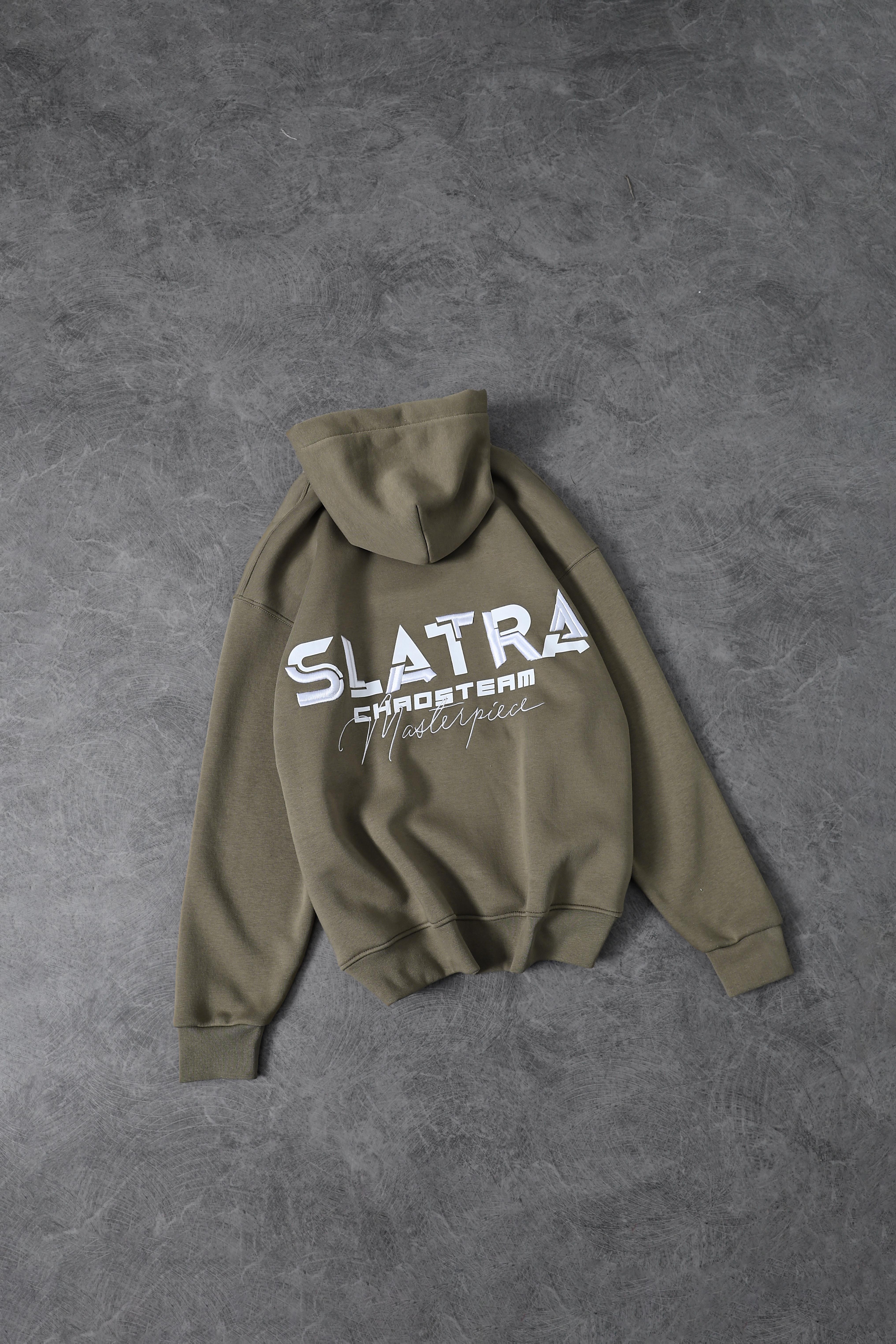 Erkek Haki Chaos Team Nakışlı Kapüşonlu Oversize Sweatshirt