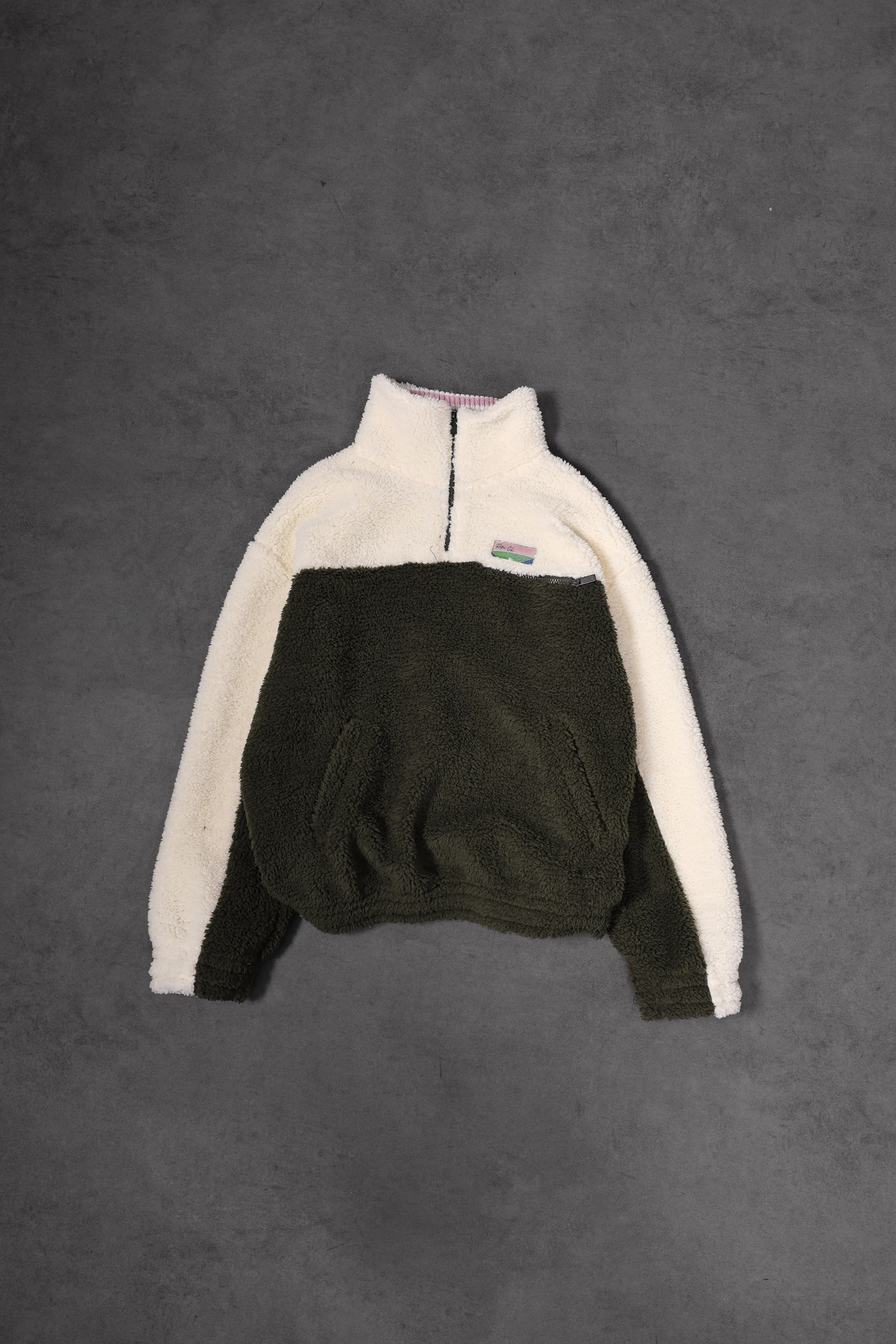 Erkek Haki Garnili Full Zip Peluş Sweatshirt