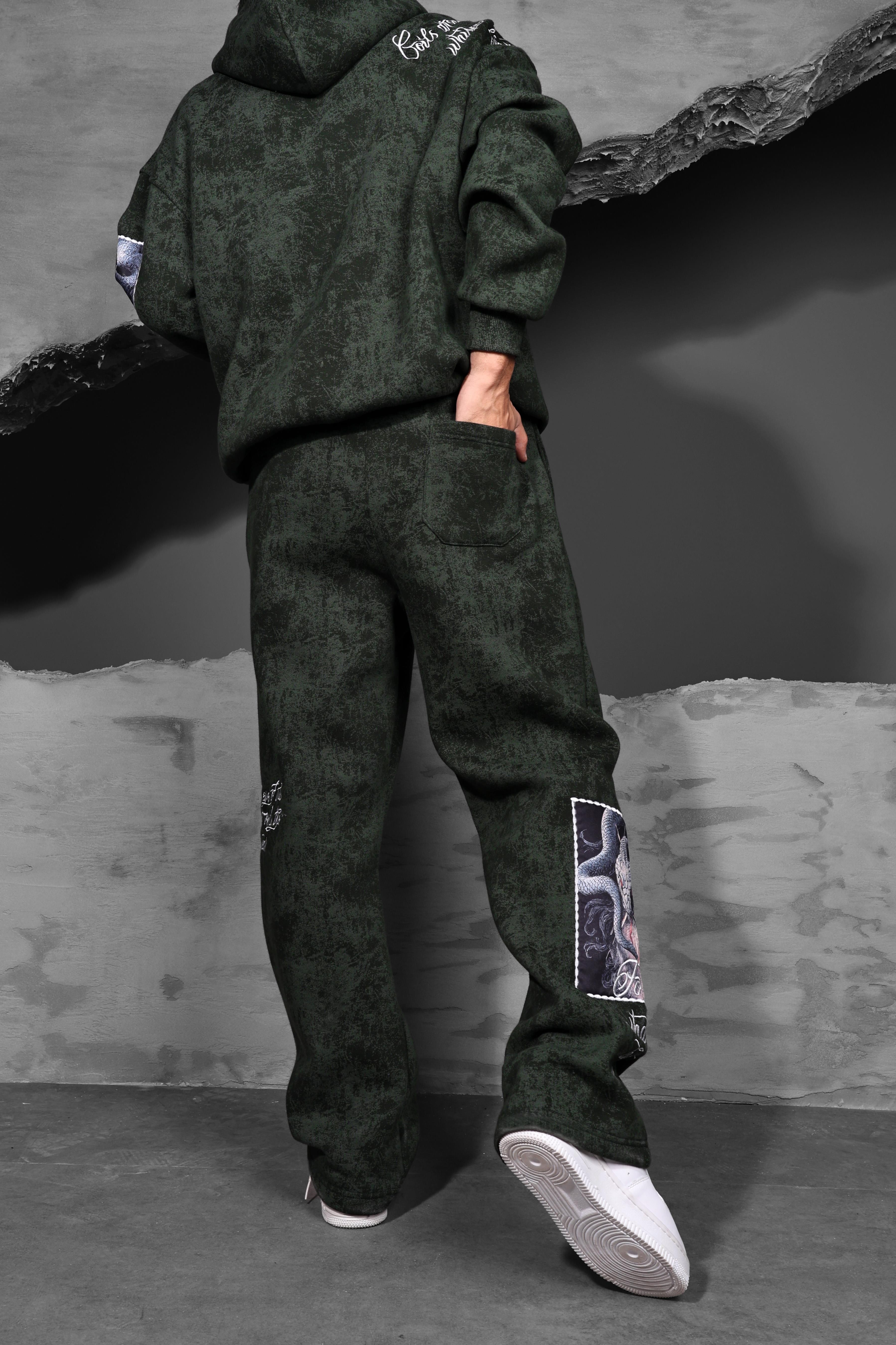 Erkek Haki İllusion Nakışlı Patchli Yıkamalı Baggy Eşofman