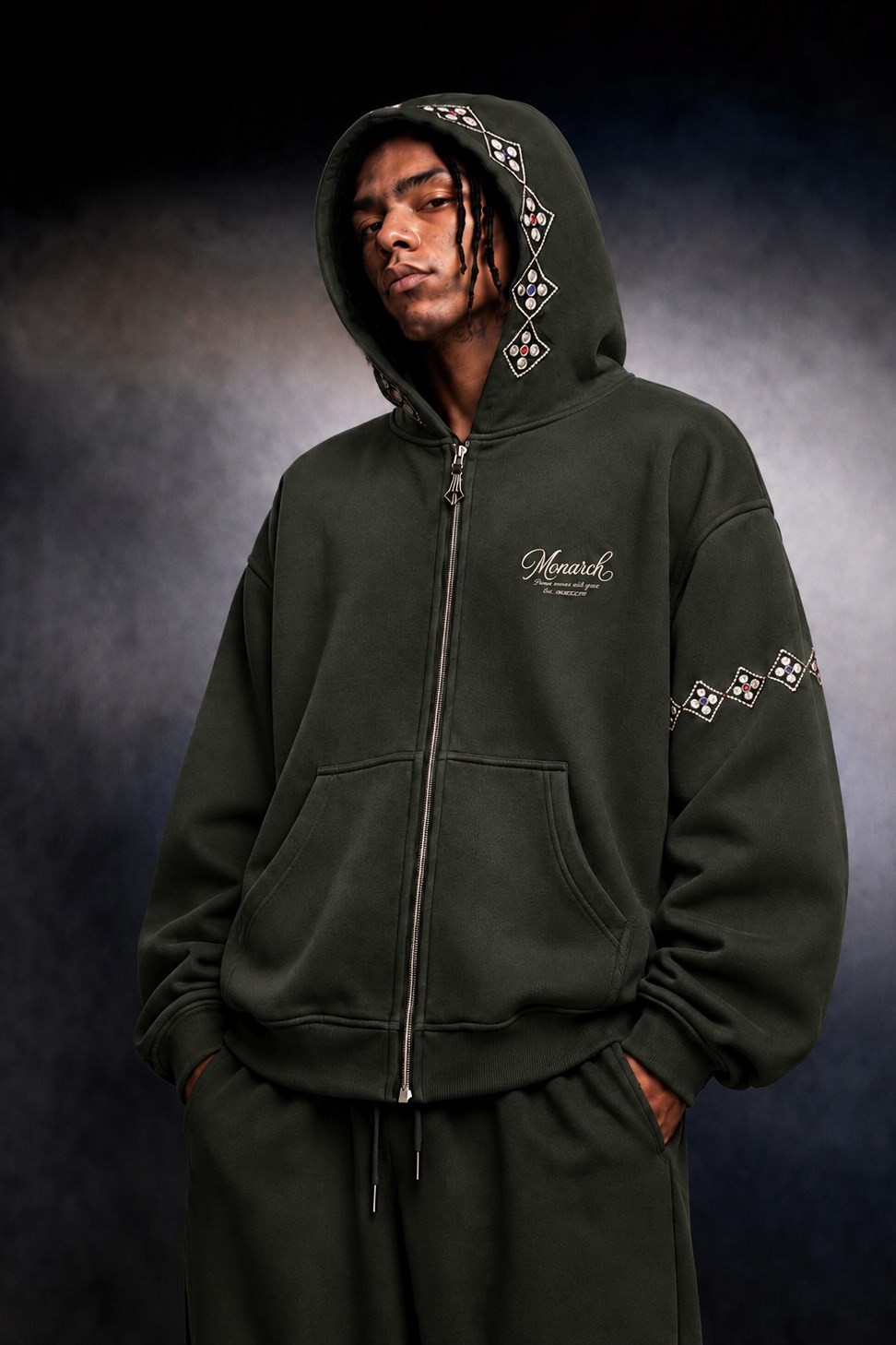 Erkek Haki Monarch Nakışlı Oversize Full Zip Hoodie