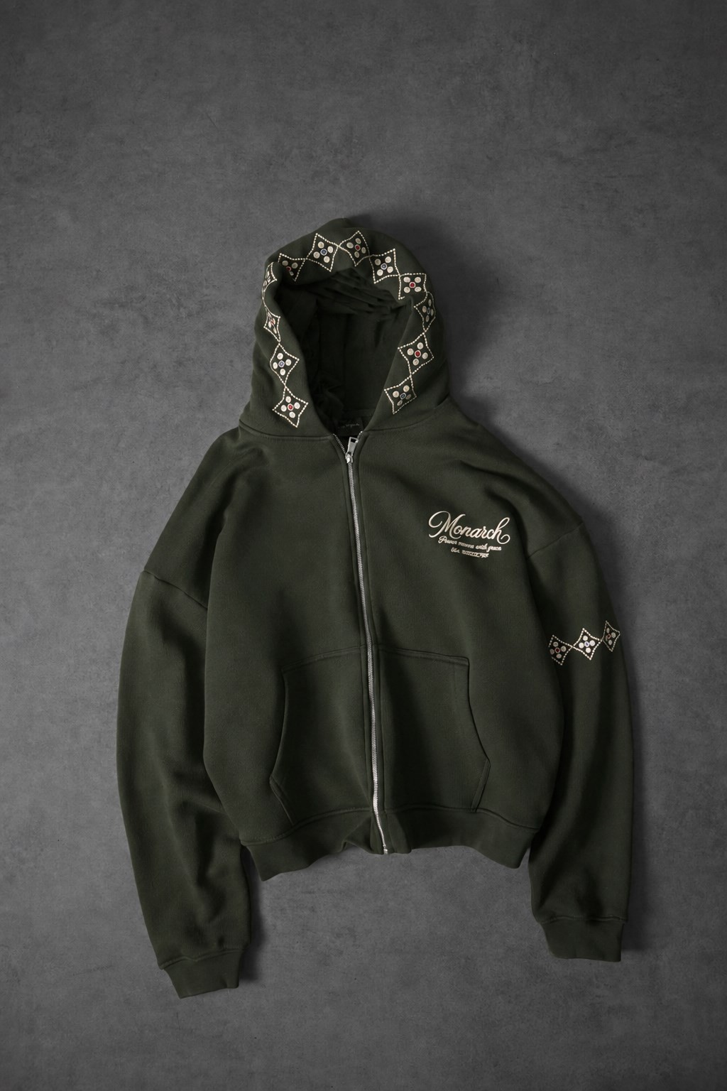Erkek Haki Monarch Nakışlı Oversize Full Zip Hoodie