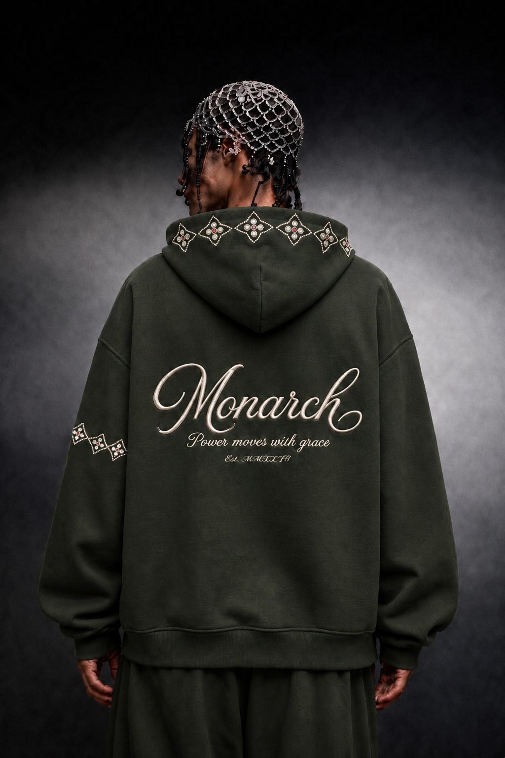Erkek Haki Monarch Nakışlı Oversize Full Zip Hoodie