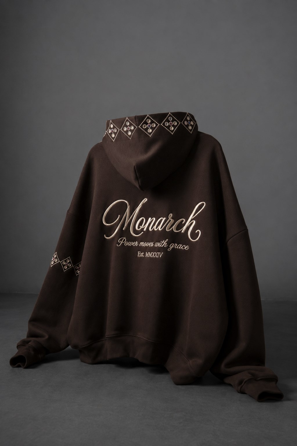 Erkek Kahve Monarch Nakışlı Oversize Full Zip Hoodie