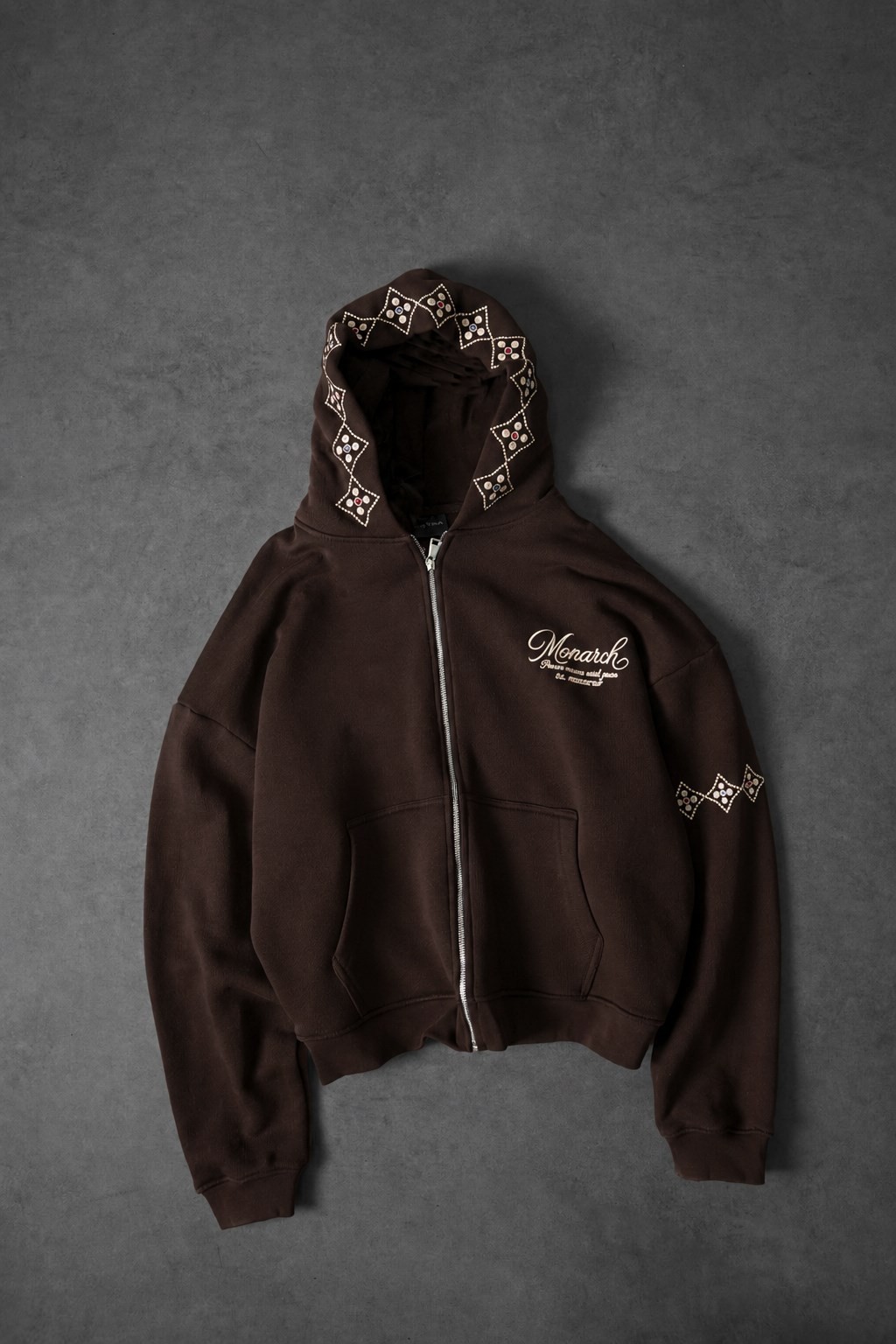 Erkek Kahve Monarch Nakışlı Oversize Full Zip Hoodie