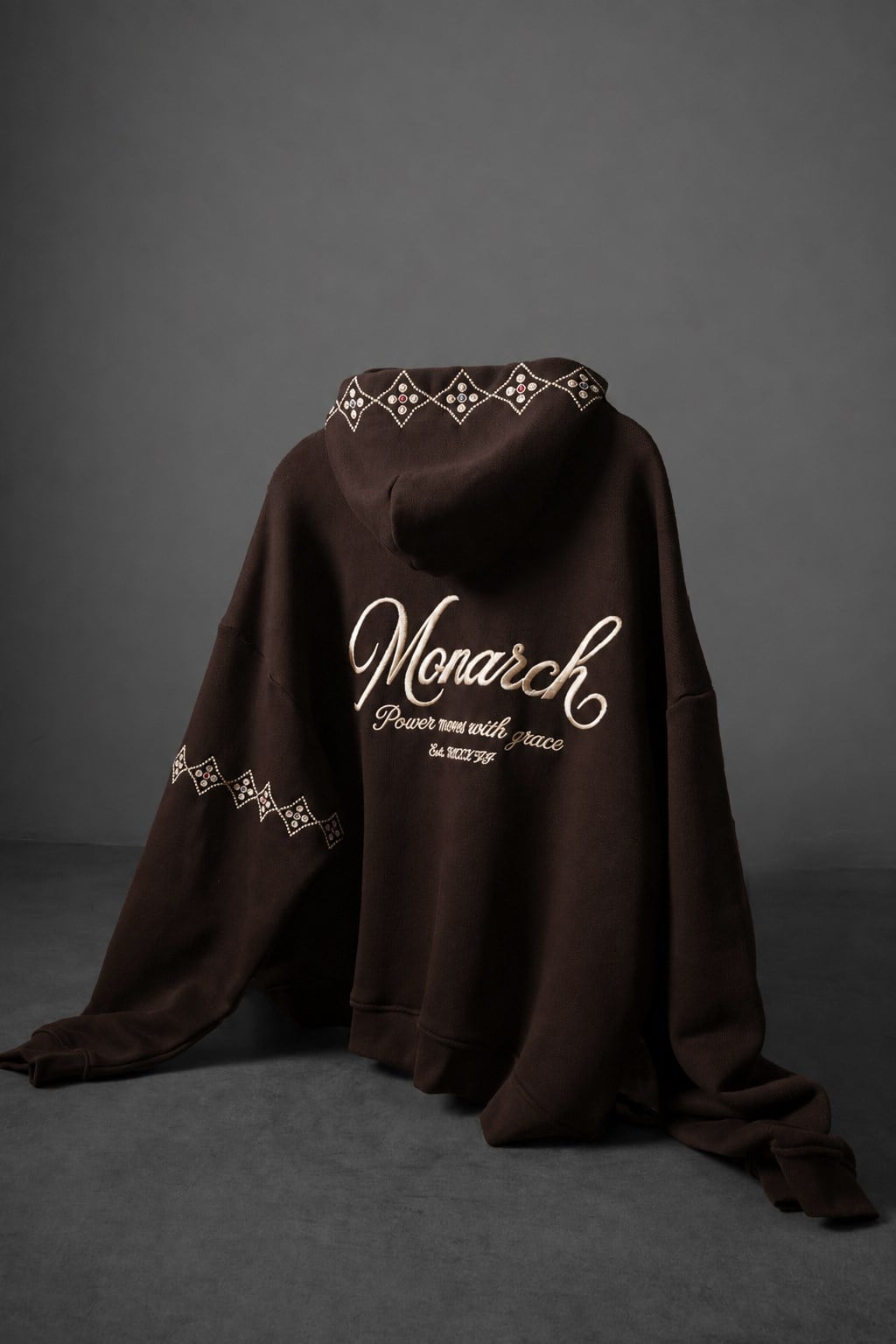 Erkek Kahve Monarch Nakışlı Oversize Full Zip Hoodie