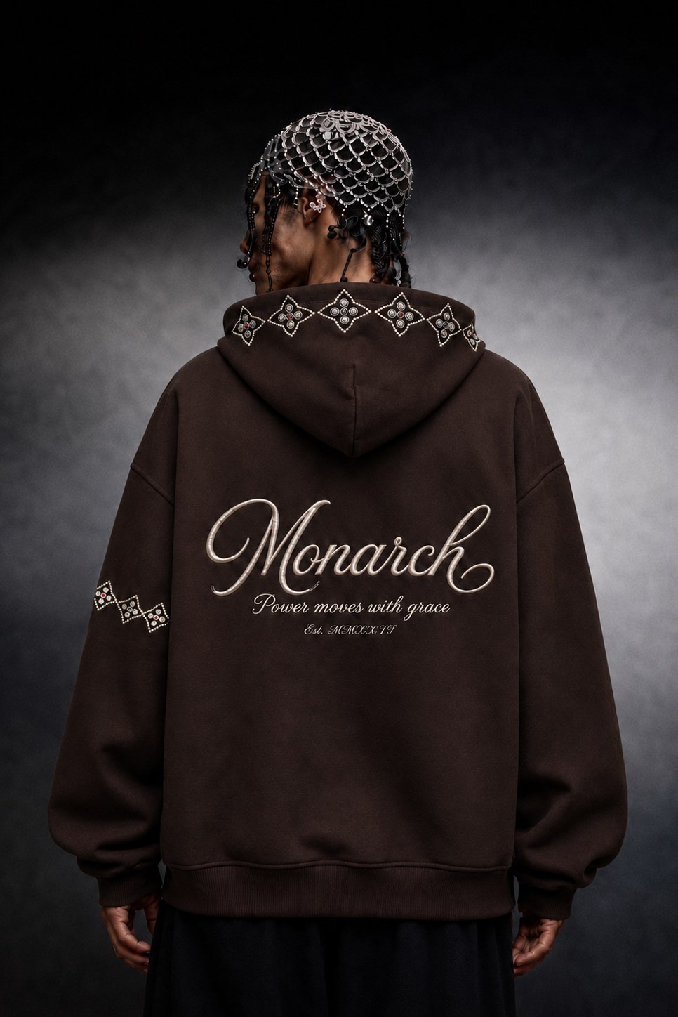 Erkek Kahve Monarch Nakışlı Oversize Full Zip Hoodie