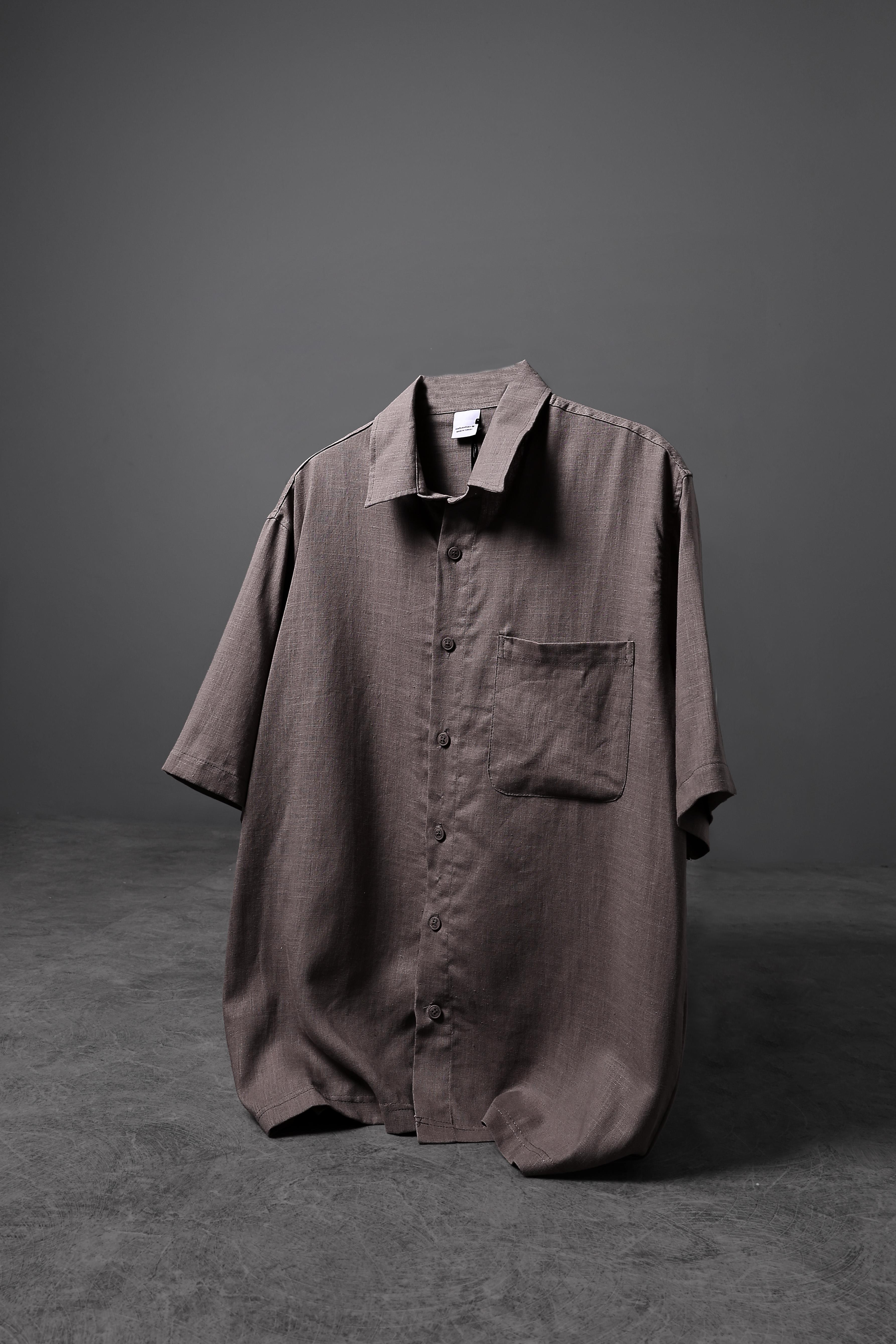Erkek Kahverengi %100 Keten Kumaş Oversize Kısa Kollu Gömlek