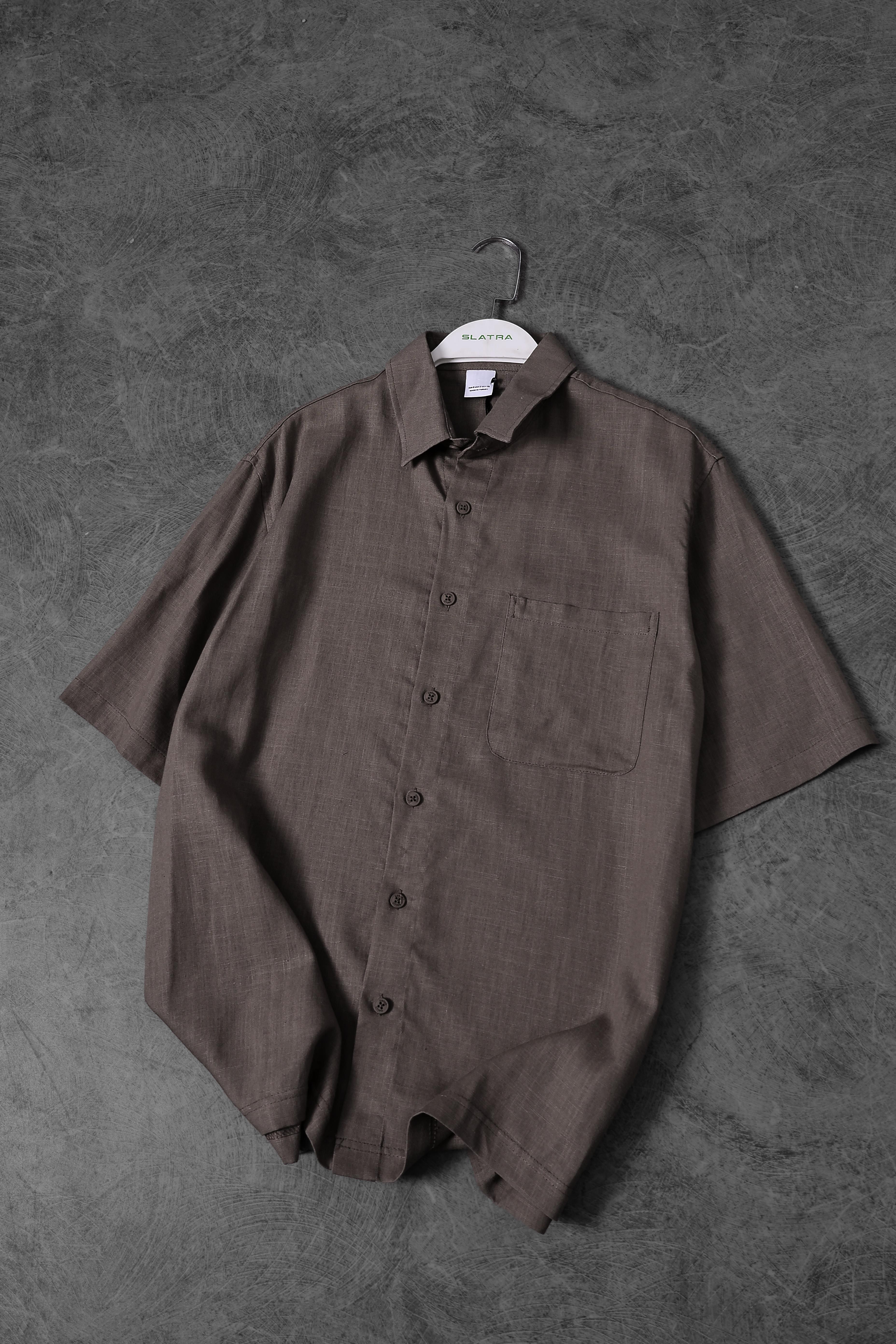 Erkek Kahverengi %100 Keten Kumaş Oversize Kısa Kollu Gömlek