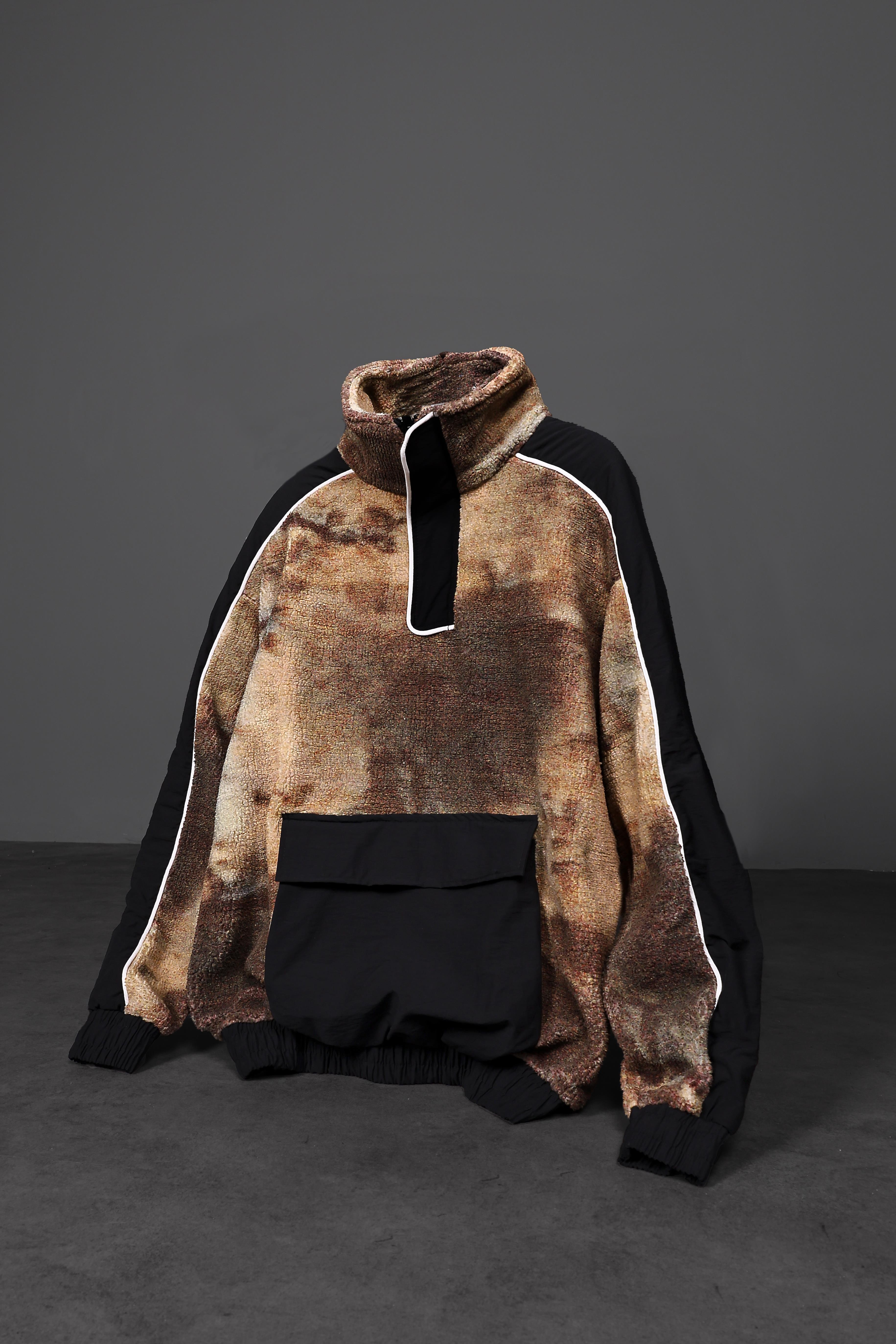Erkek Kahverengi Half Zip Desenli Peluş Sweatshirt