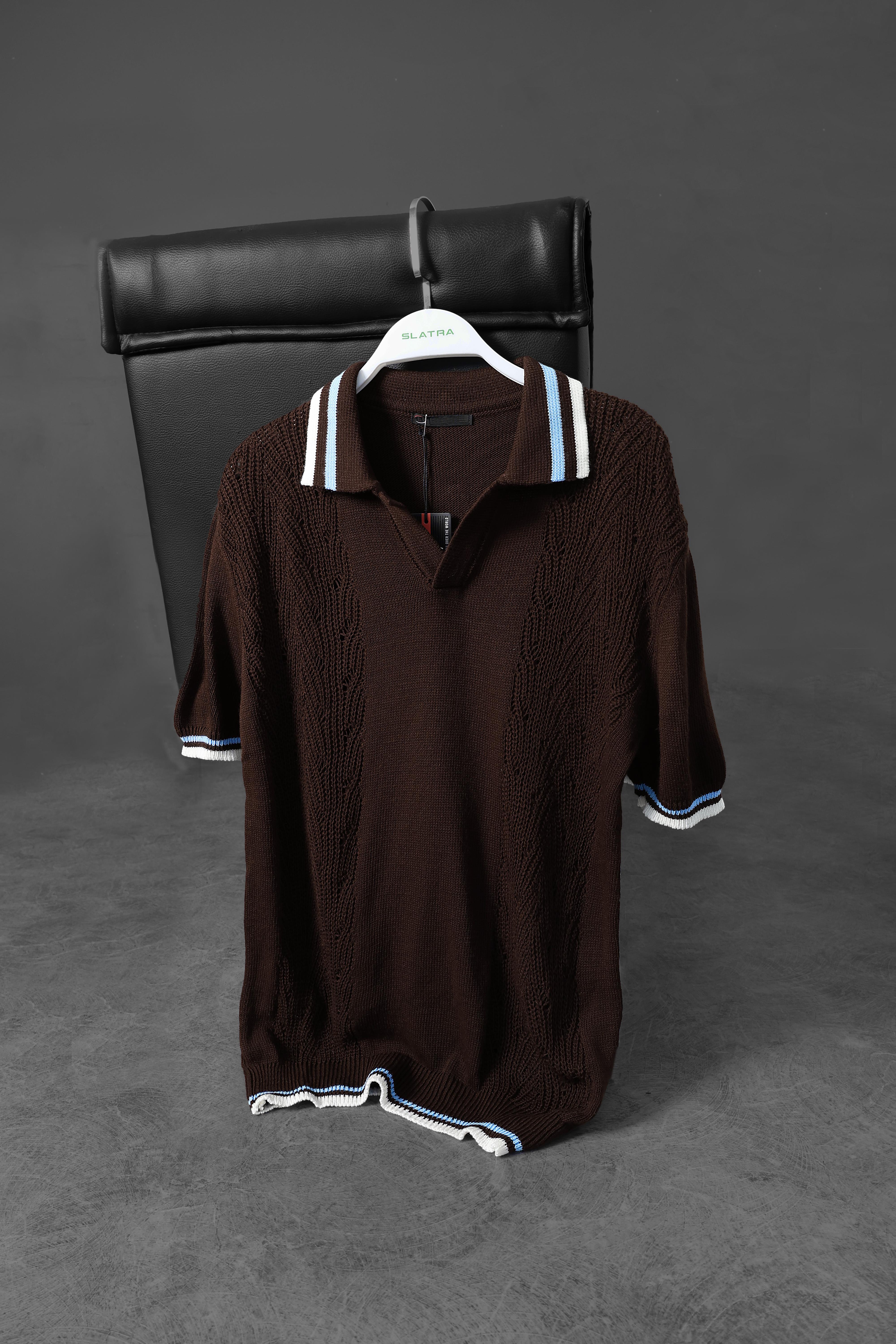 Erkek Kahverengi Oversize Polo Yaka Örme Tshirt