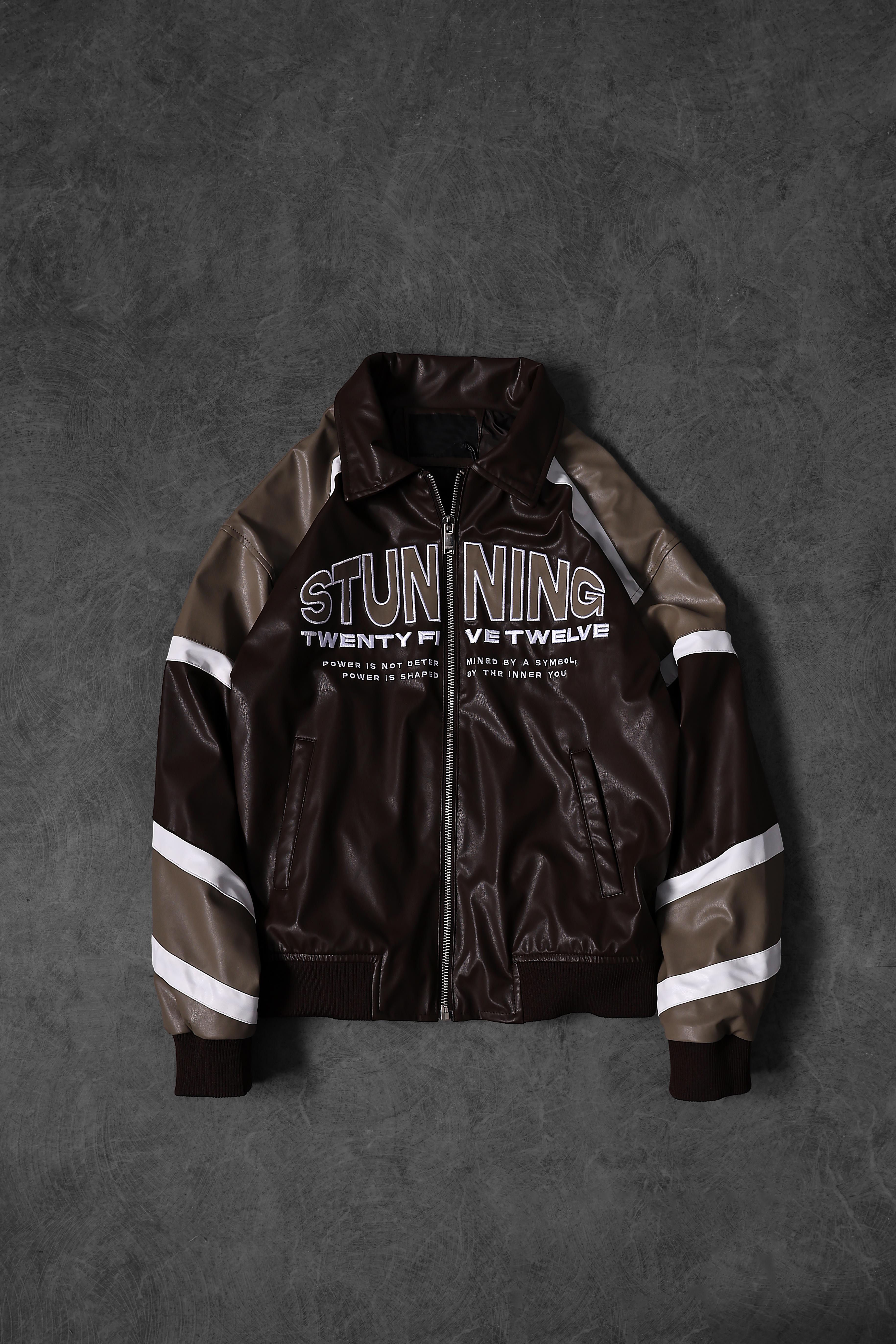 Erkek Kahverengi Stunning Nakışlı Racing Biker Astarlı Deri Ceket