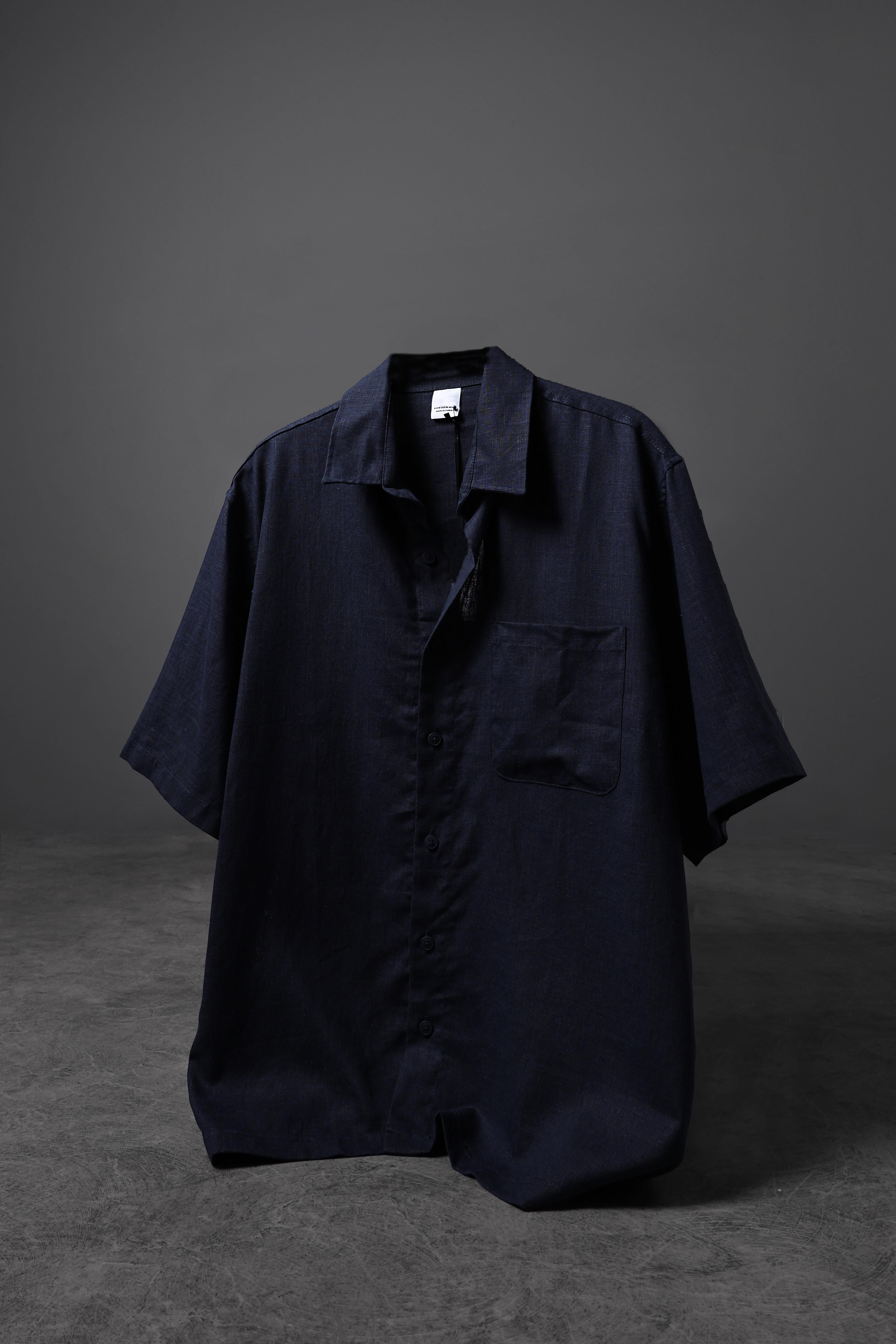 Erkek Lacivert %100 Keten Kumaş Oversize Kısa Kollu Gömlek
