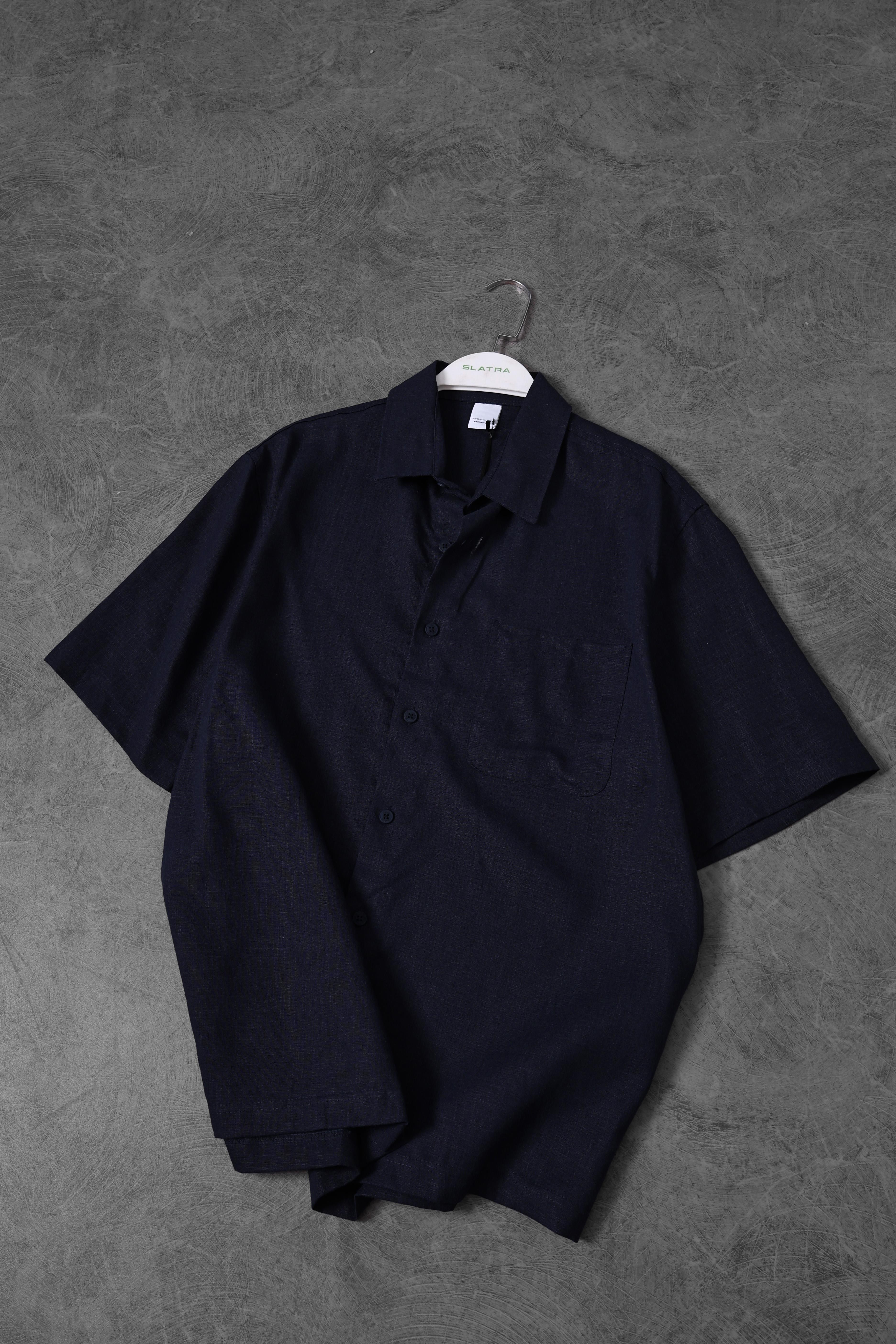 Erkek Lacivert %100 Keten Kumaş Oversize Kısa Kollu Gömlek