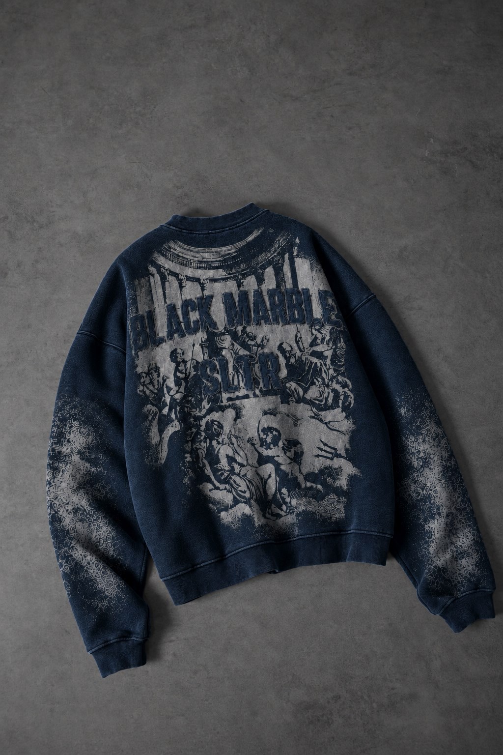 Erkek Lacivert Black Marble Özel Yıkamalı Oversize Sweatshirt