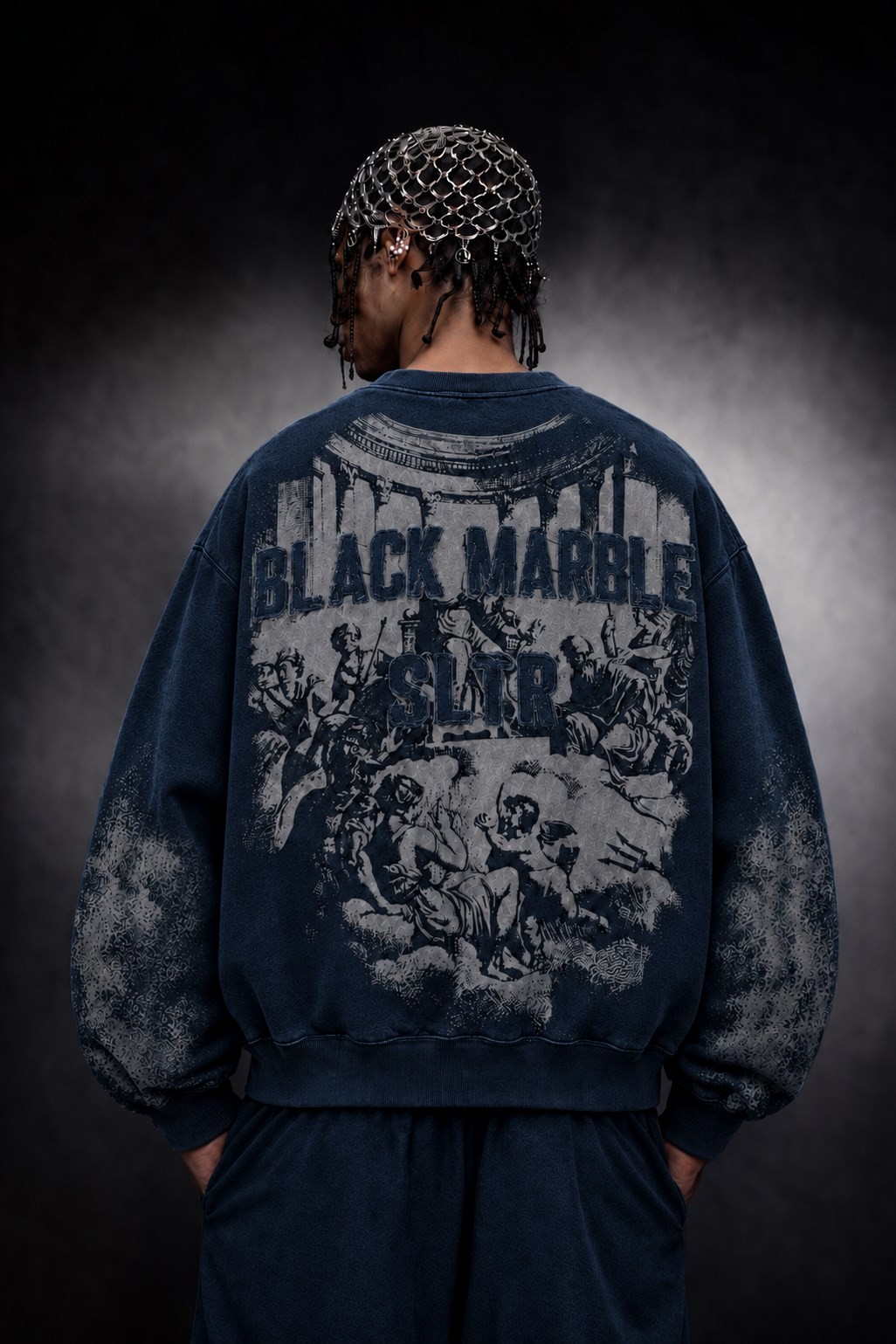 Erkek Lacivert Black Marble Özel Yıkamalı Oversize Sweatshirt