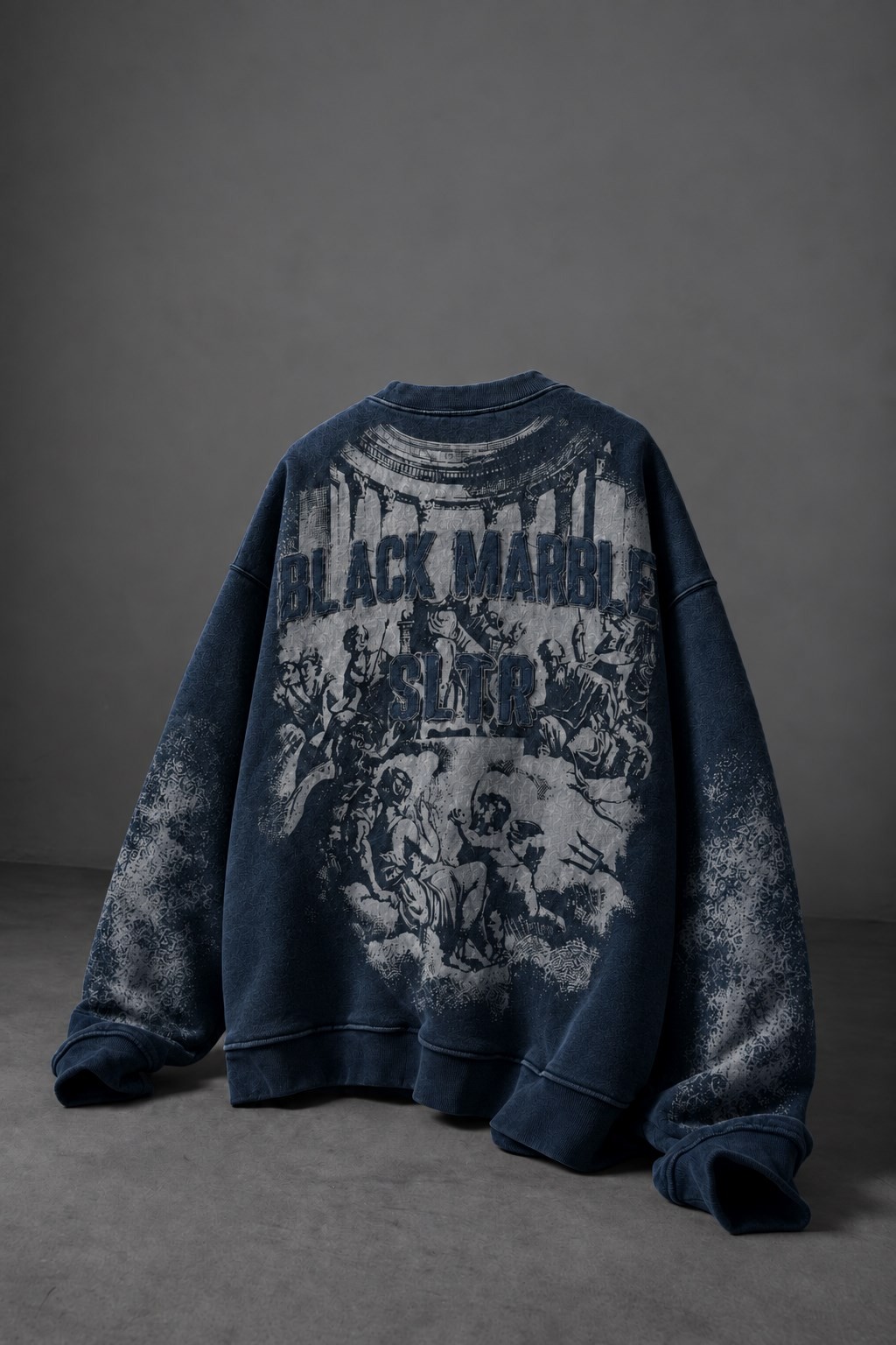 Erkek Lacivert Black Marble Özel Yıkamalı Oversize Sweatshirt