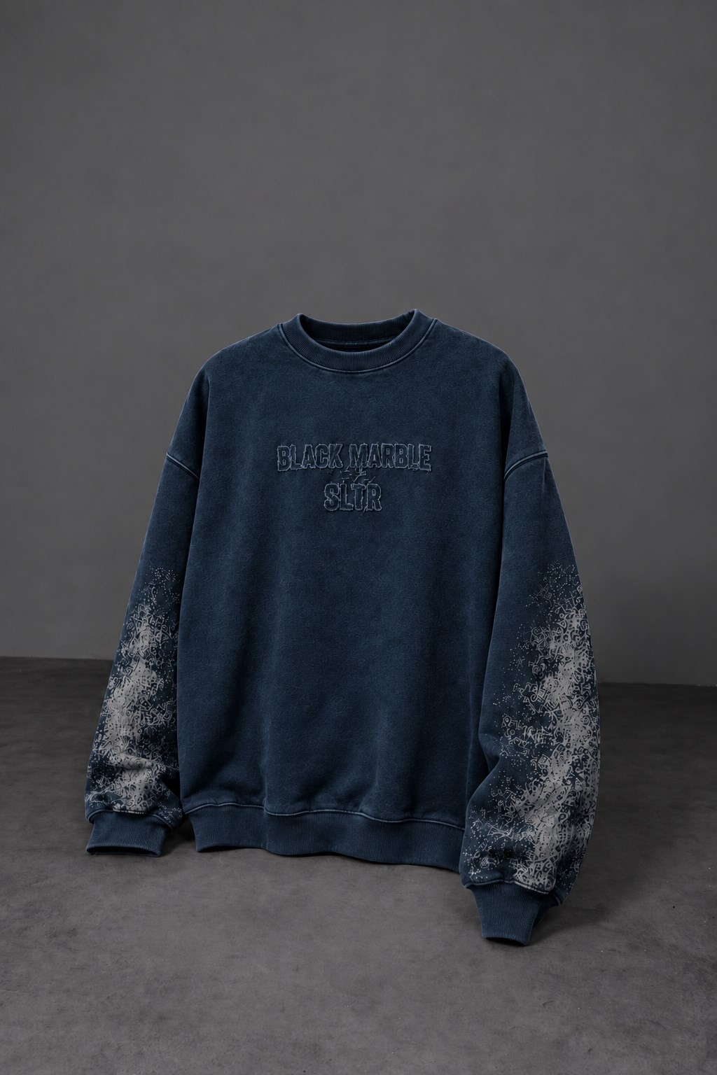 Erkek Lacivert Black Marble Özel Yıkamalı Oversize Sweatshirt
