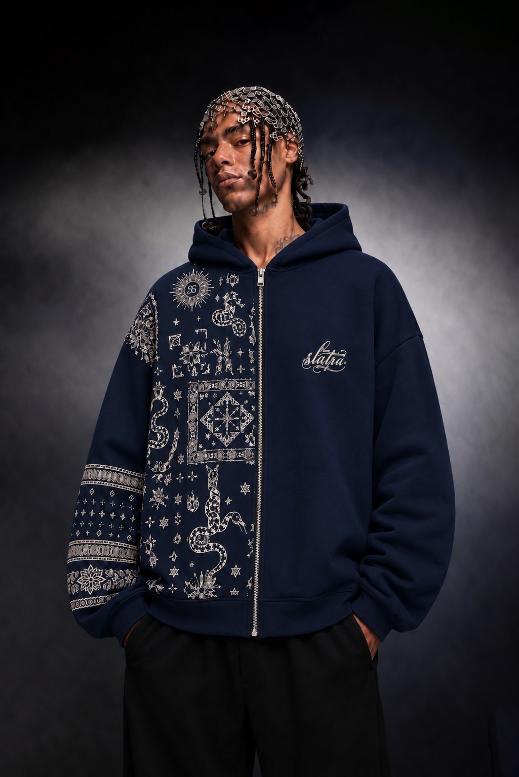 Erkek Lacivert Codex Oversize Full Zip Hoodie