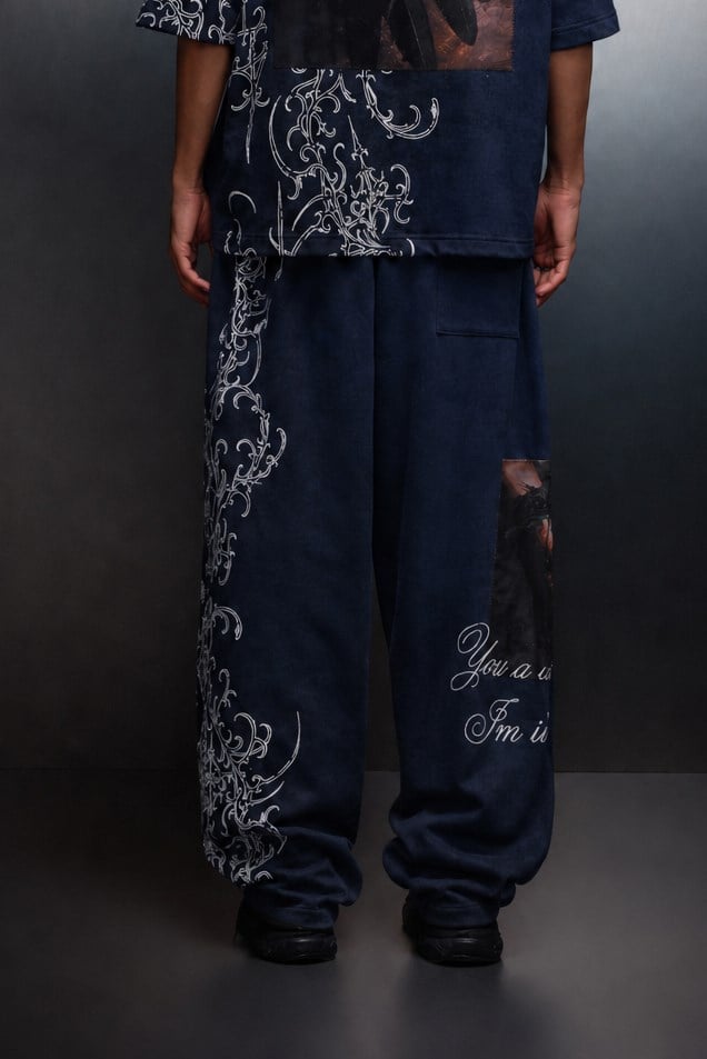 Erkek Lacivert Crow Patch Yıkama Efektli Baggy Eşofman