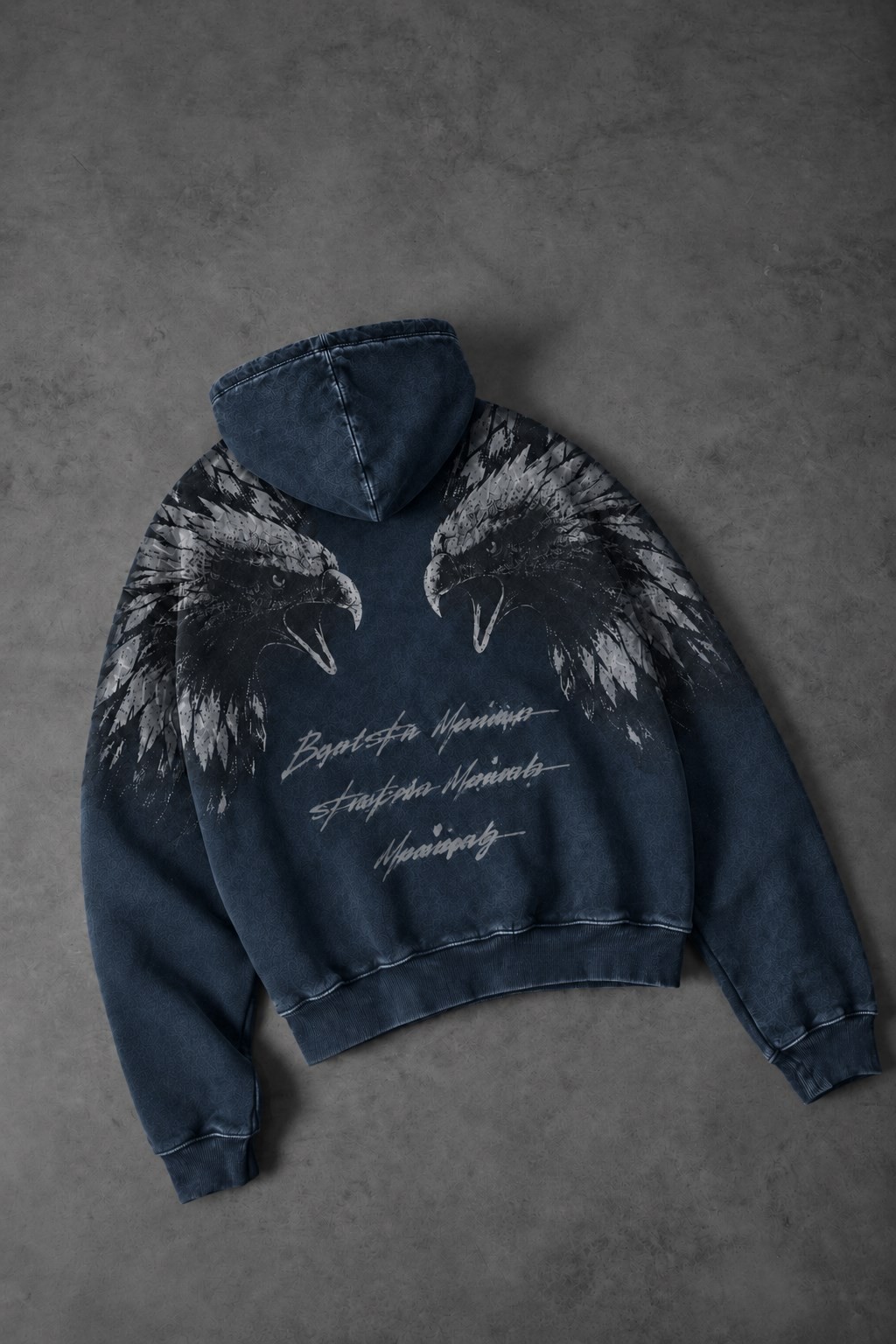 Erkek Lacivert Eagle Özel Yıkamalı Oversize Hoodie