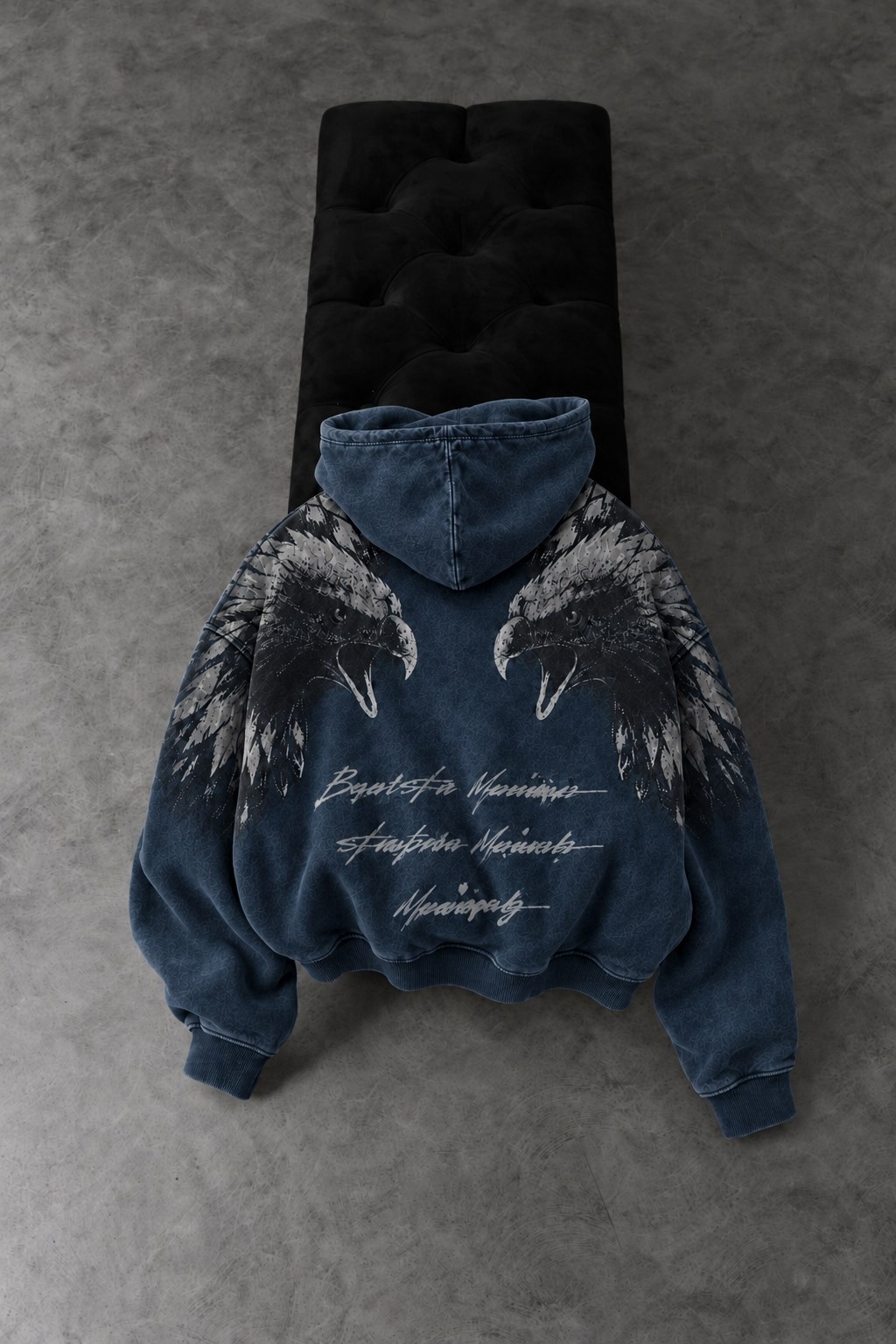 Erkek Lacivert Eagle Özel Yıkamalı Oversize Hoodie