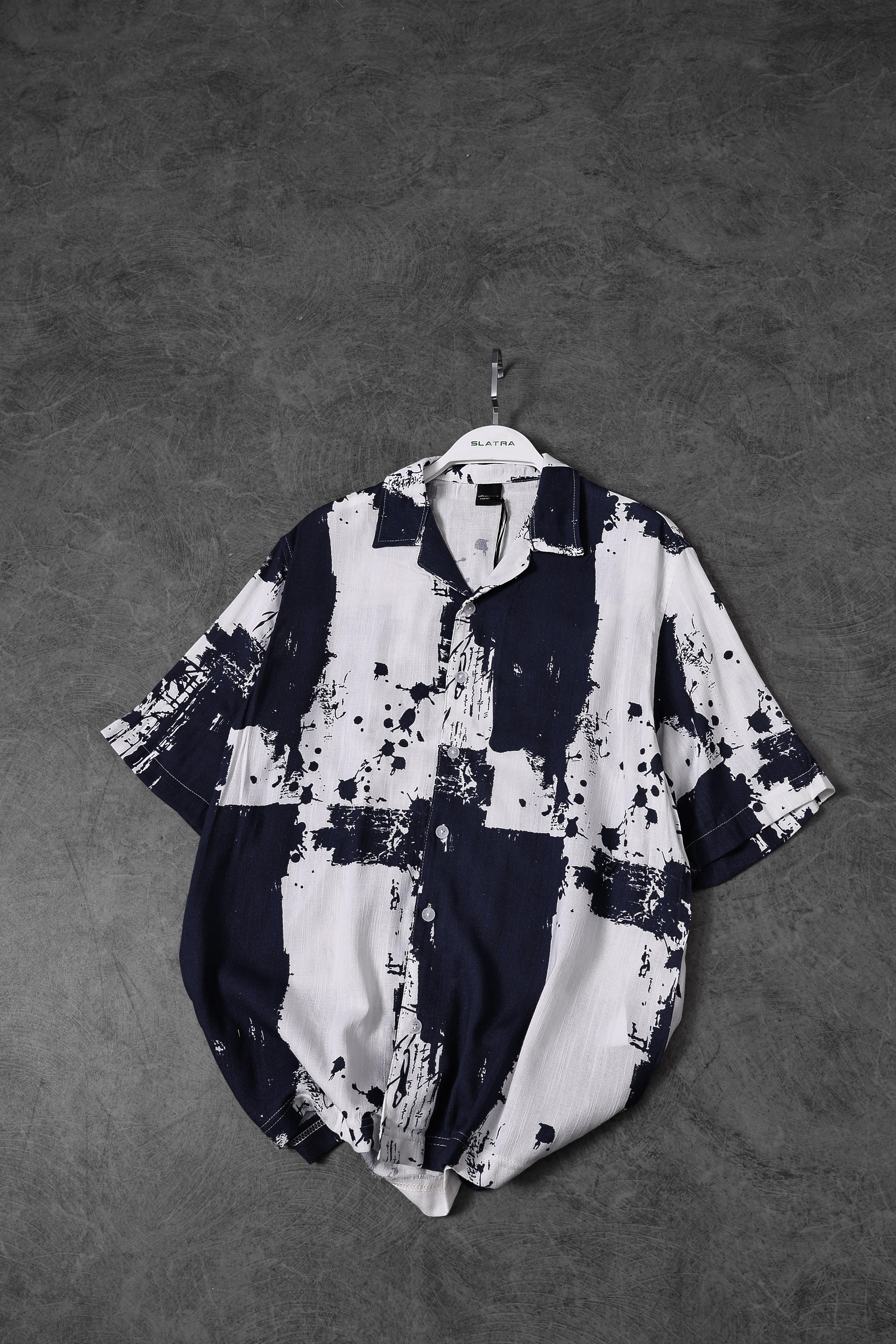Erkek Lacivert Fırça Desen Keten Kumaş Oversize Kısa Kollu Gömlek