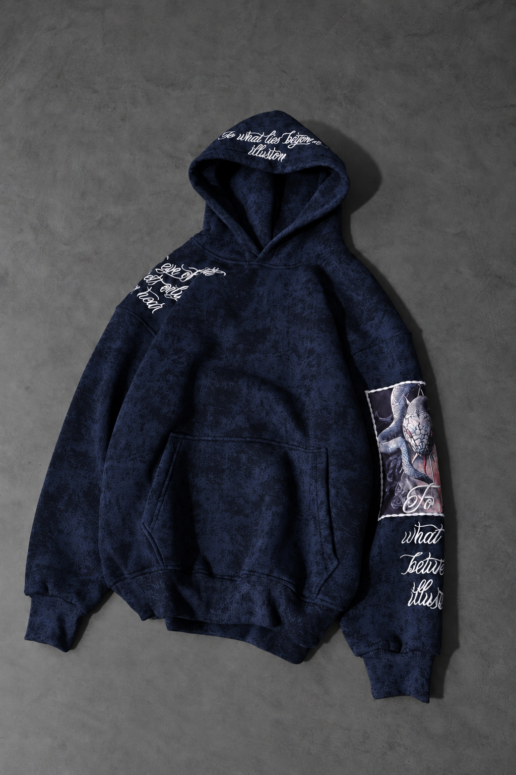 Erkek Lacivert İllusion Nakışlı Patchli Yıkamalı Oversize Kapüşonlu Sweatshirt