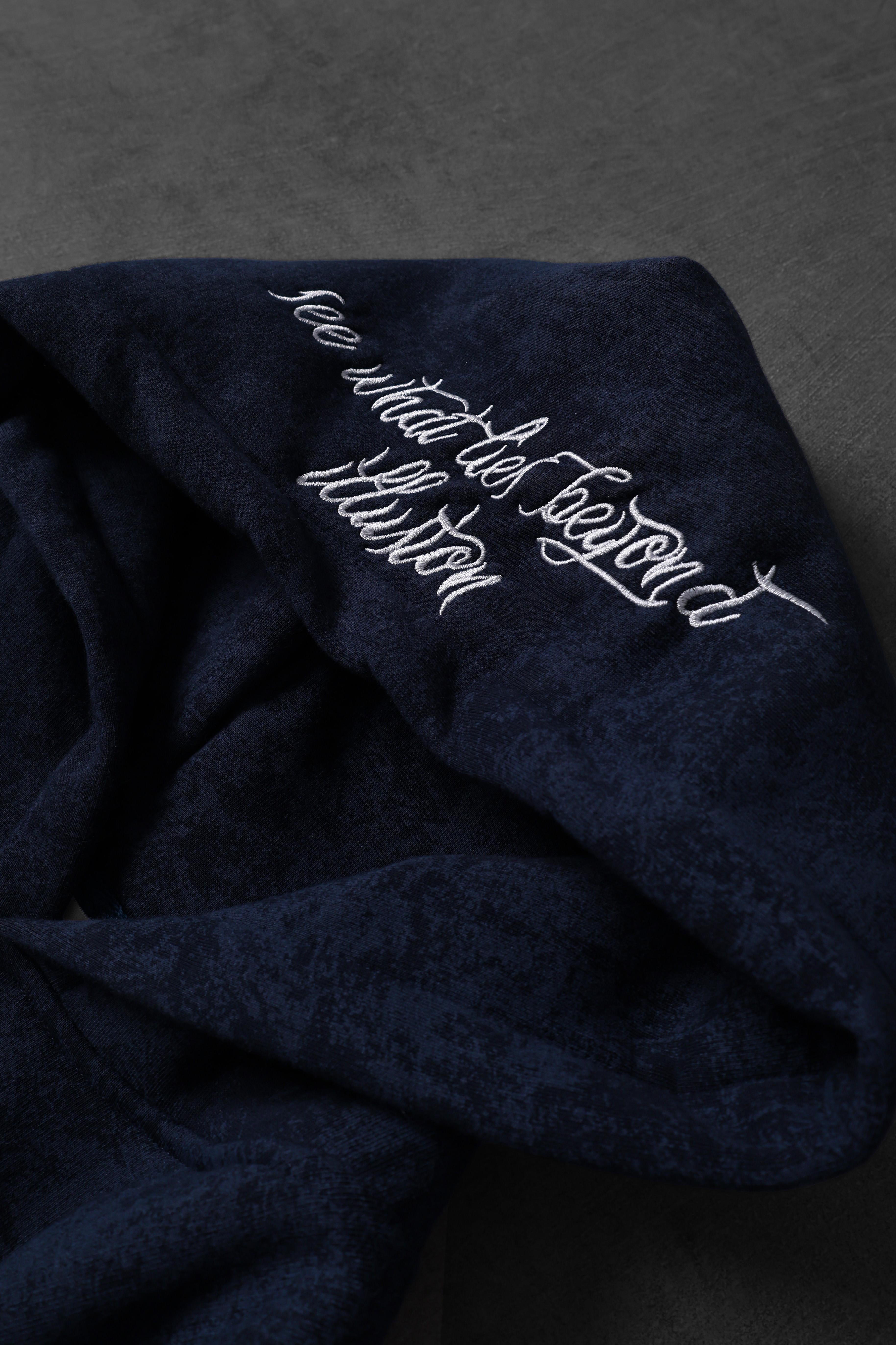 Erkek Lacivert İllusion Nakışlı Patchli Yıkamalı Oversize Kapüşonlu Sweatshirt