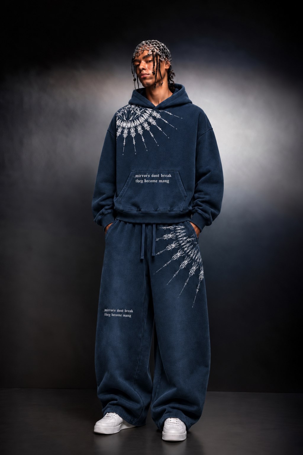 Erkek Lacivert Mantra Özel Yıkamalı Oversize Hoodie