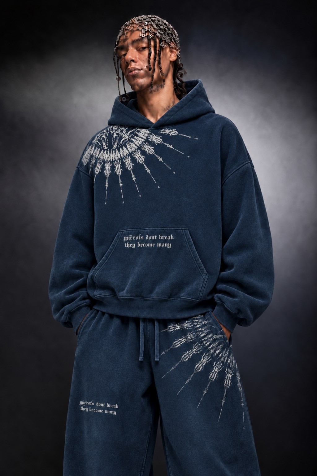 Erkek Lacivert Mantra Özel Yıkamalı Oversize Hoodie