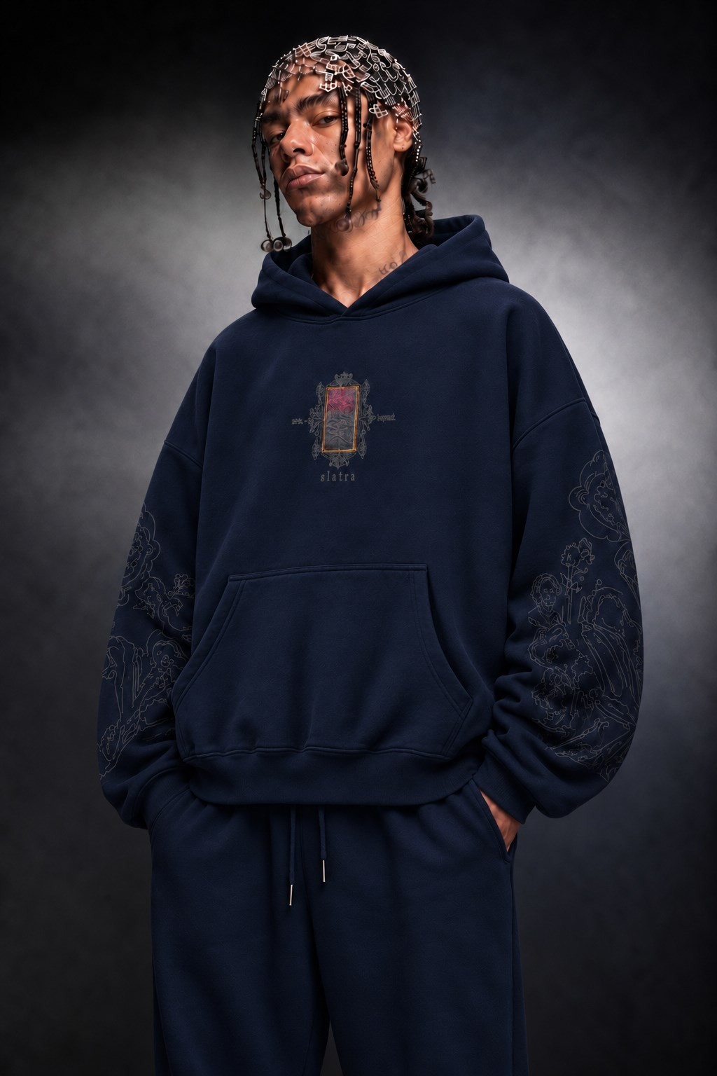 Erkek Lacivert Sanctum Kadife Patch Oversize Hoodie