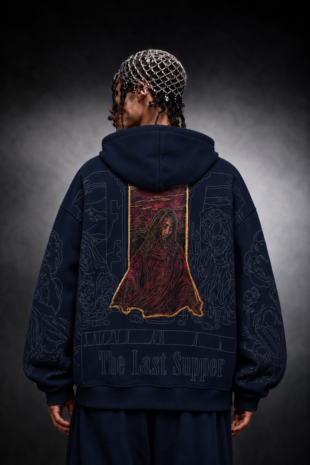 Erkek Lacivert Sanctum Kadife Patch Oversize Hoodie