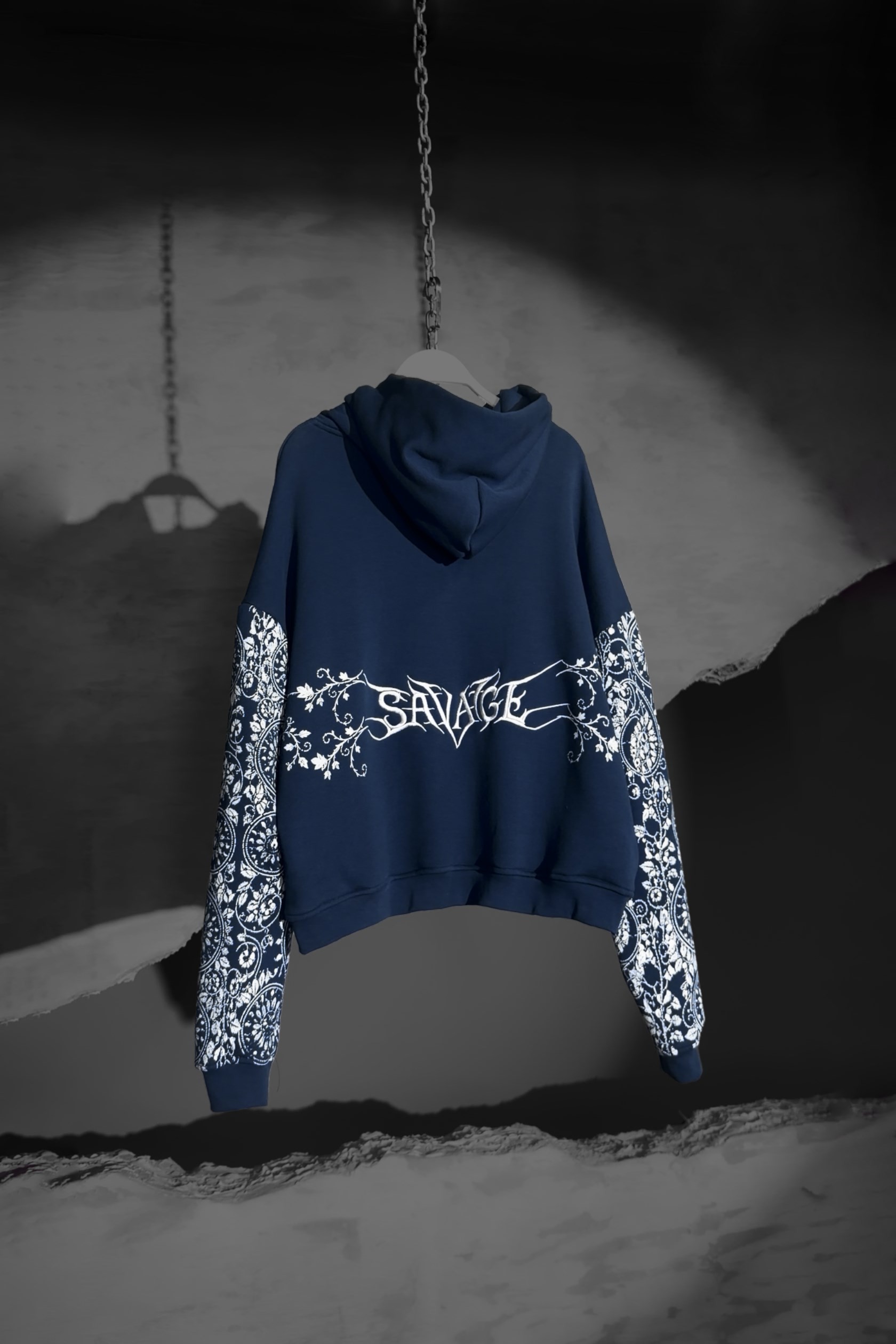 Erkek Lacivert Savage Nakışlı Oversize Hoodie
