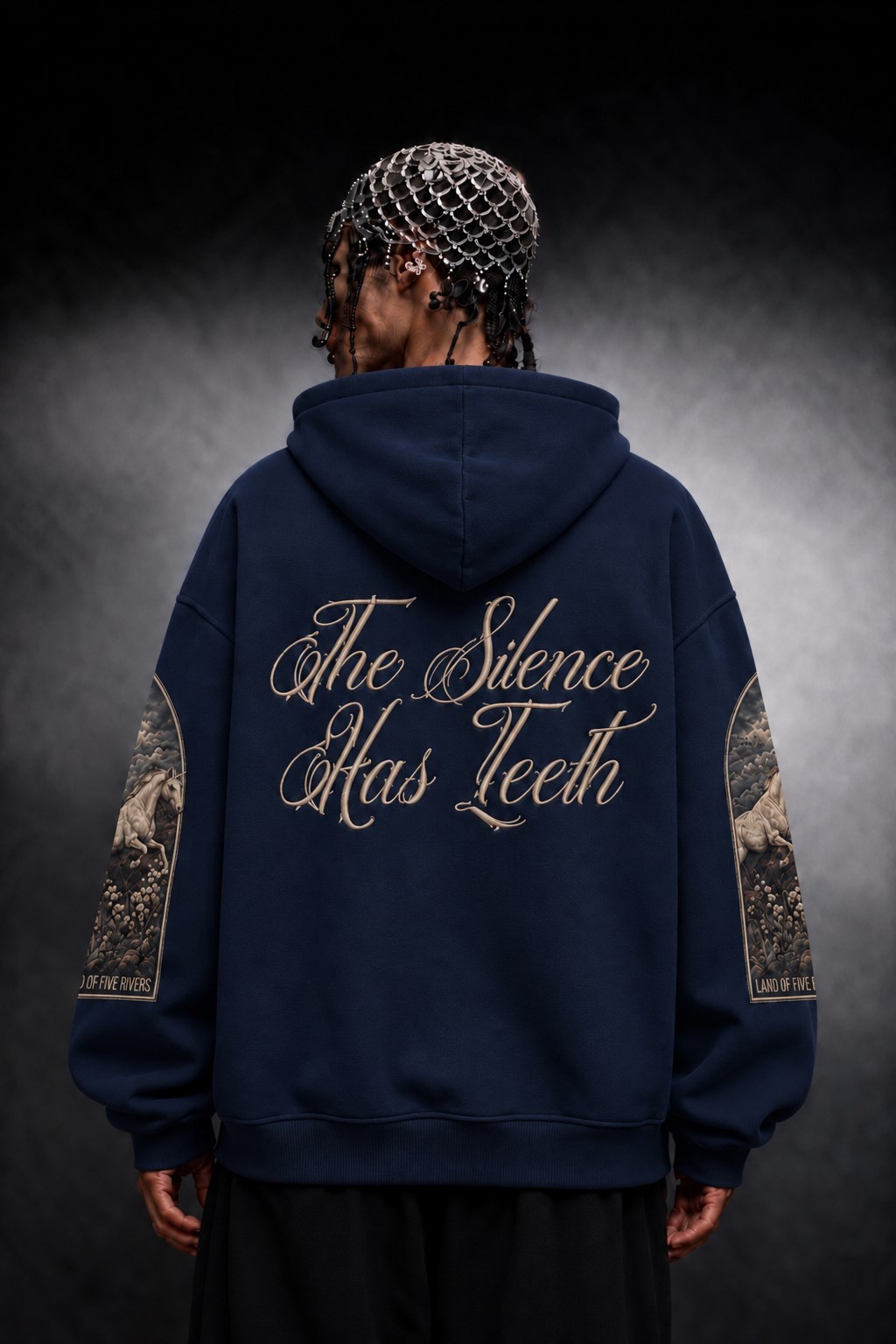 Erkek Lacivert Silence Patch Nakış Oversize Hoodie