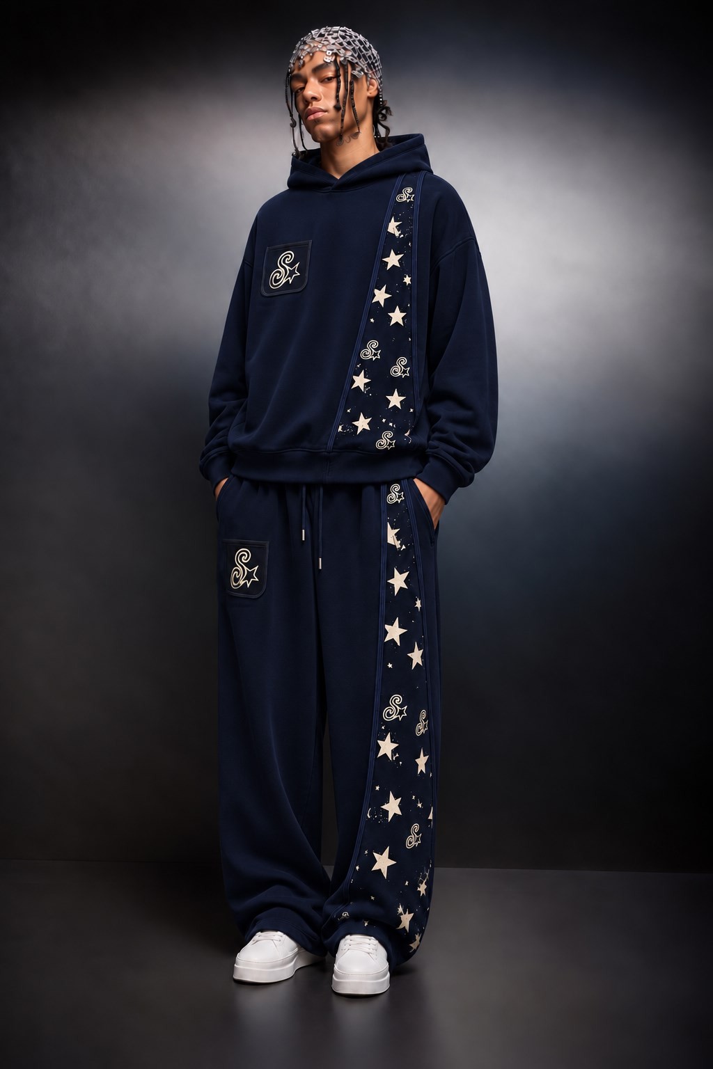 Erkek Lacivert S'Star Kot Biye Oversize Hoodie