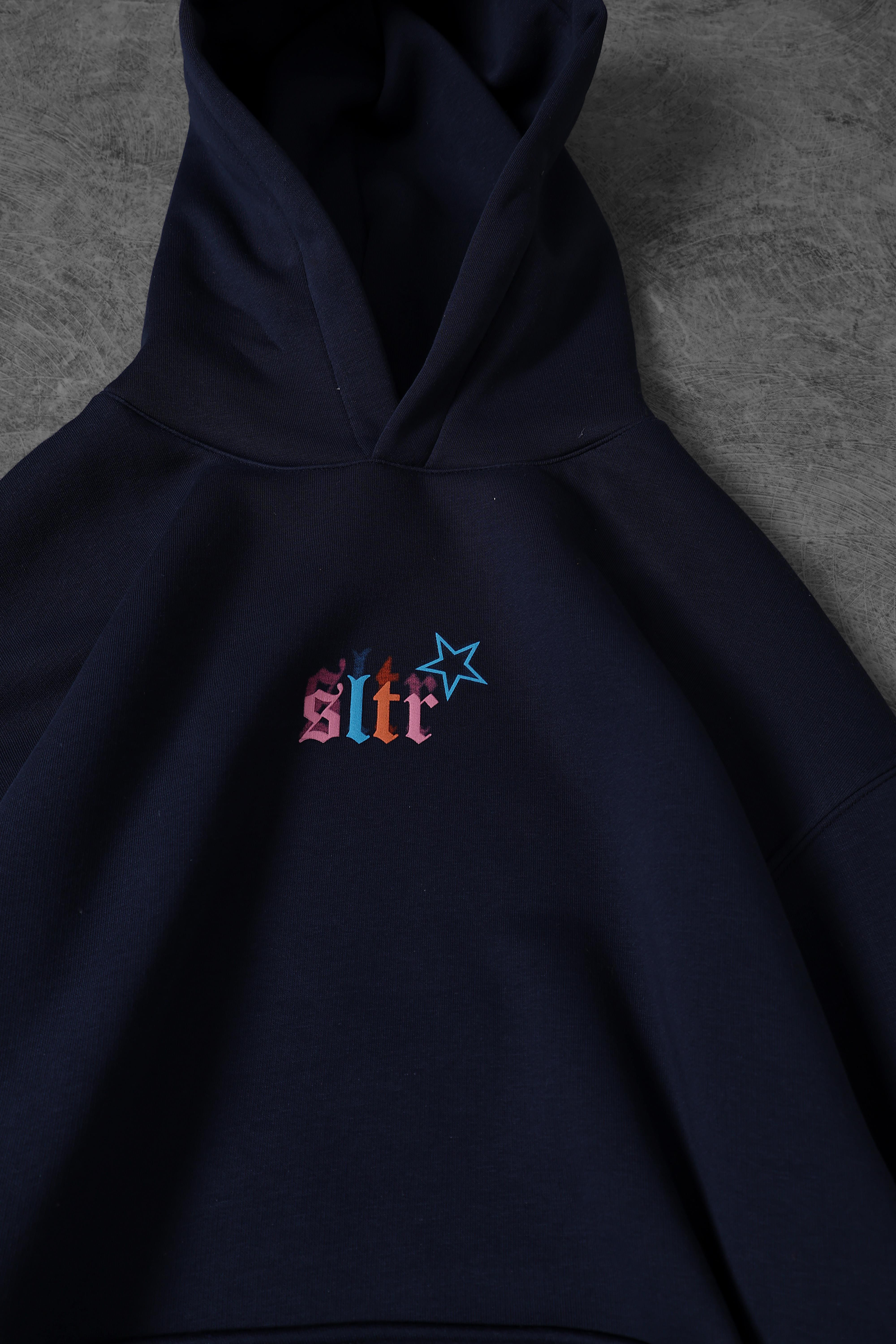 Erkek Lacivert Stars Kabartma Baskı Kapüşonlu Oversize Sweatshirt