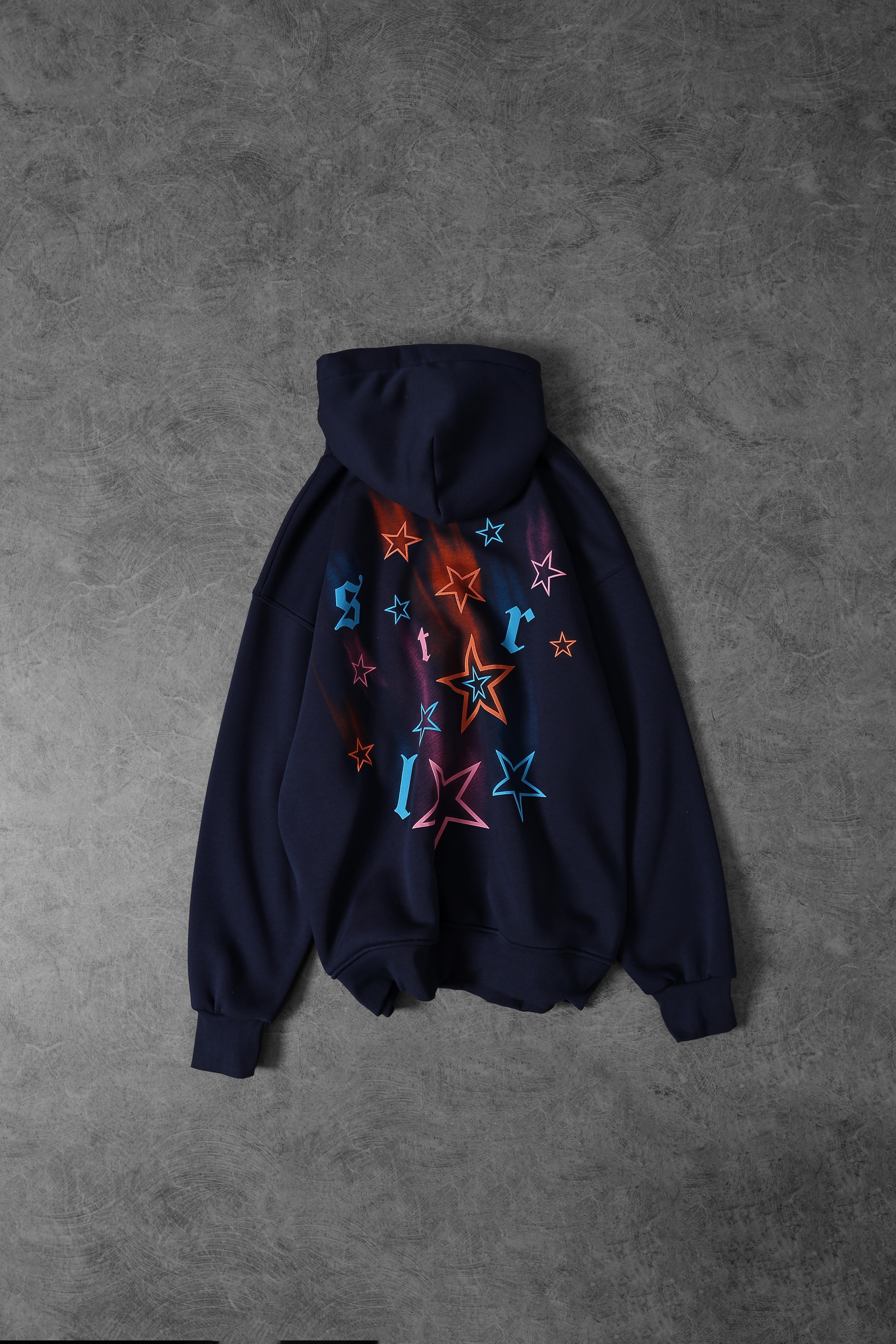 Erkek Lacivert Stars Kabartma Baskı Kapüşonlu Oversize Sweatshirt