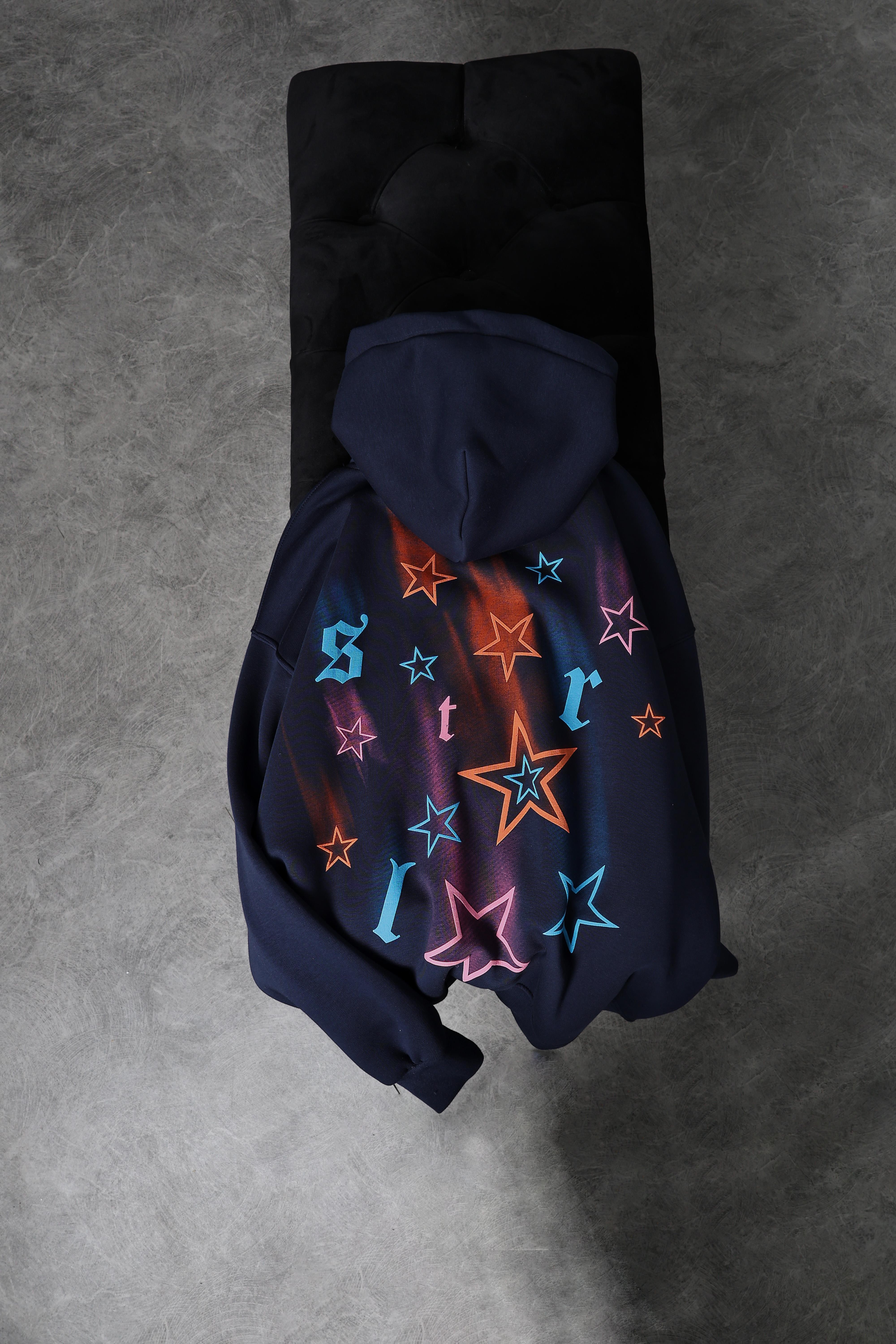 Erkek Lacivert Stars Kabartma Baskı Kapüşonlu Oversize Sweatshirt