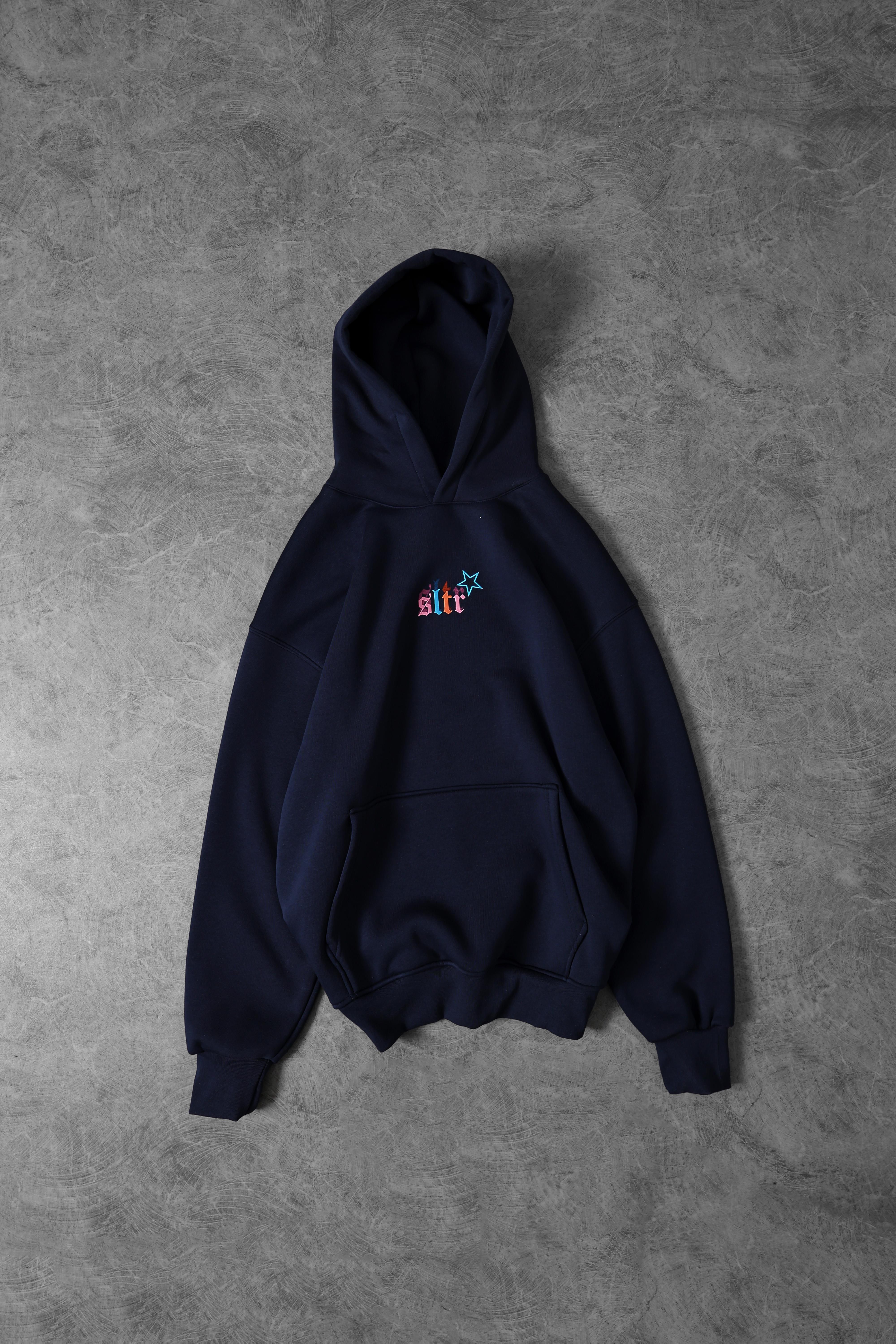 Erkek Lacivert Stars Kabartma Baskı Kapüşonlu Oversize Sweatshirt