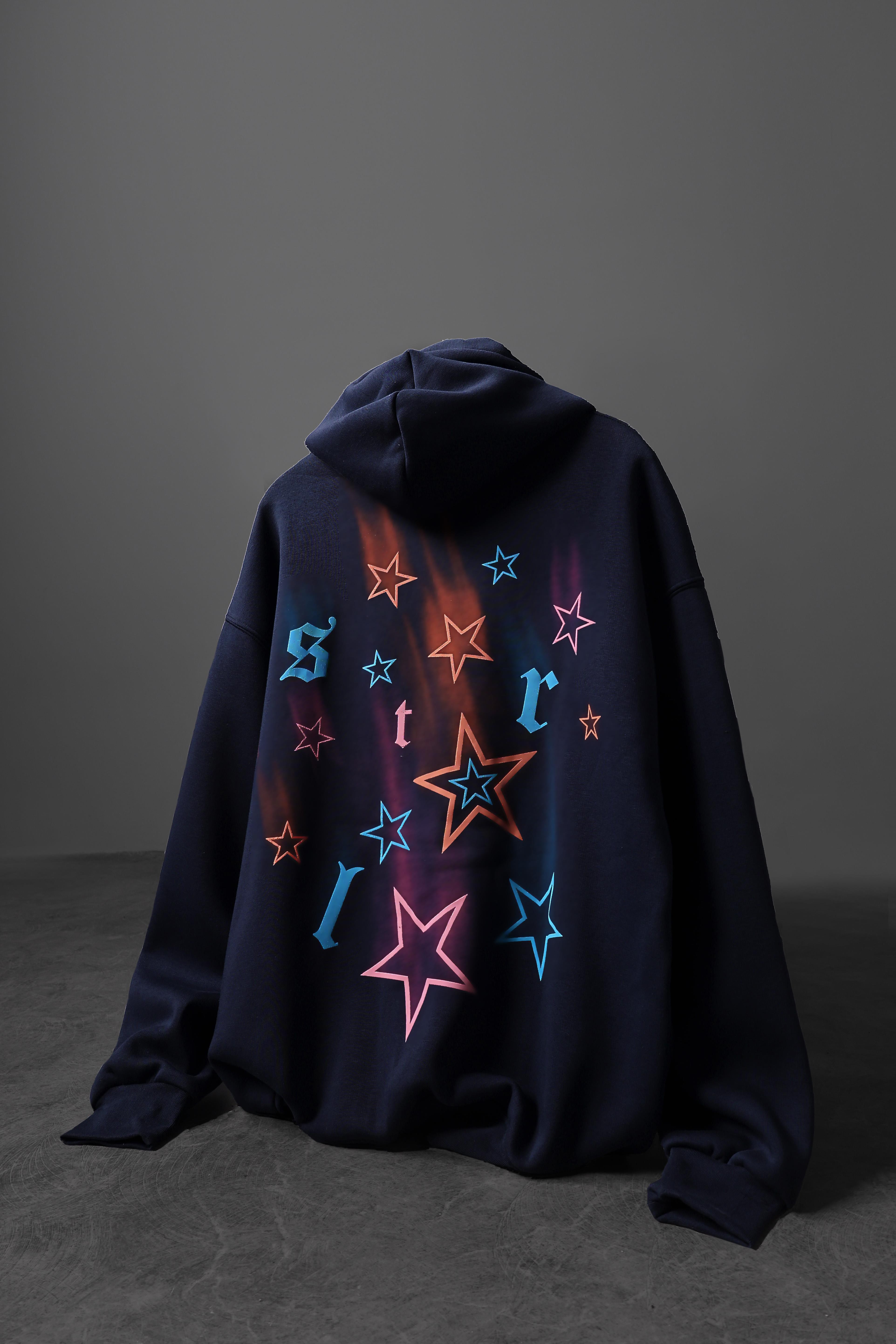 Erkek Lacivert Stars Kabartma Baskı Kapüşonlu Oversize Sweatshirt