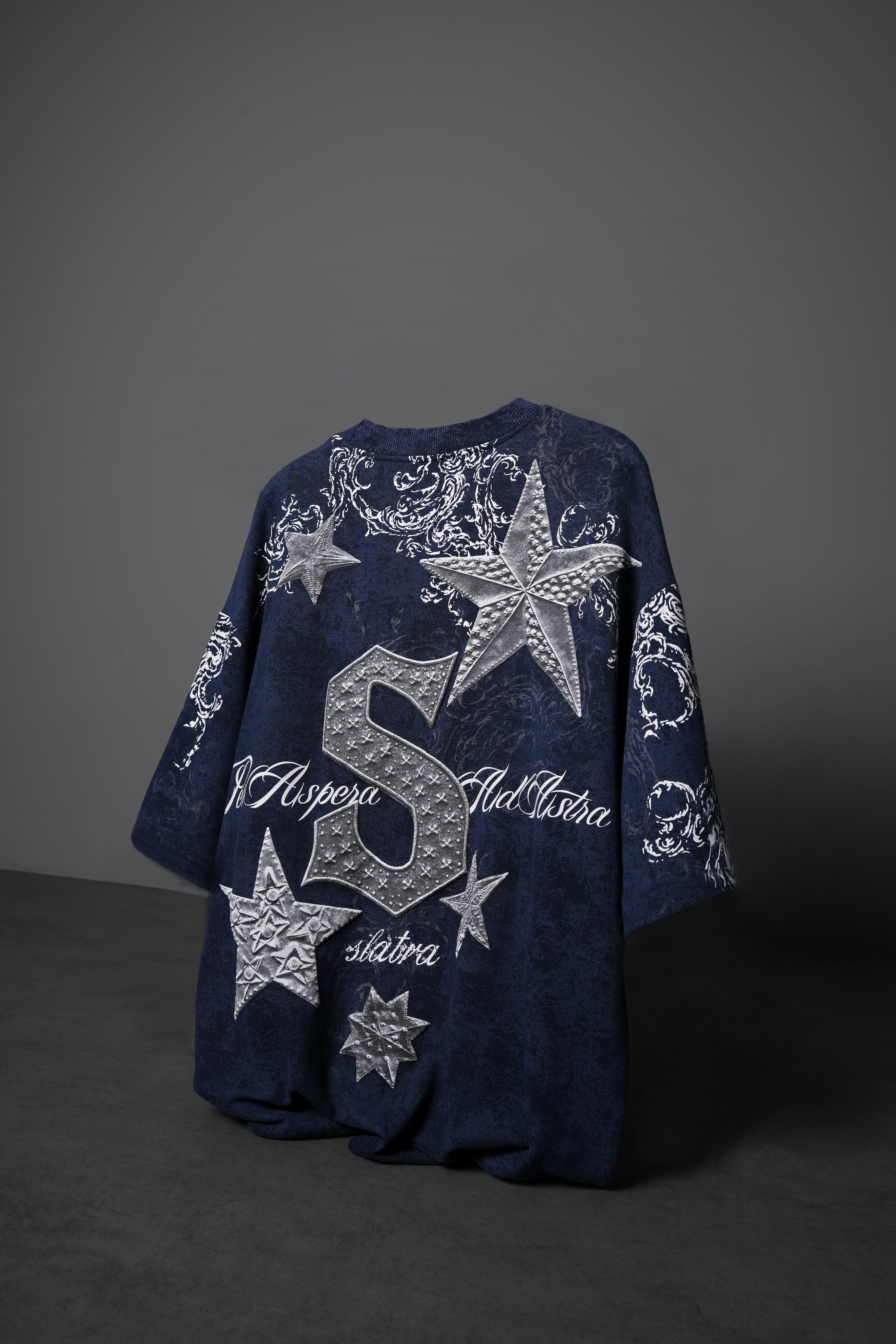 Erkek Lacivert SuperStar Baskılı Oversize Yıkama Efektli Tshirt