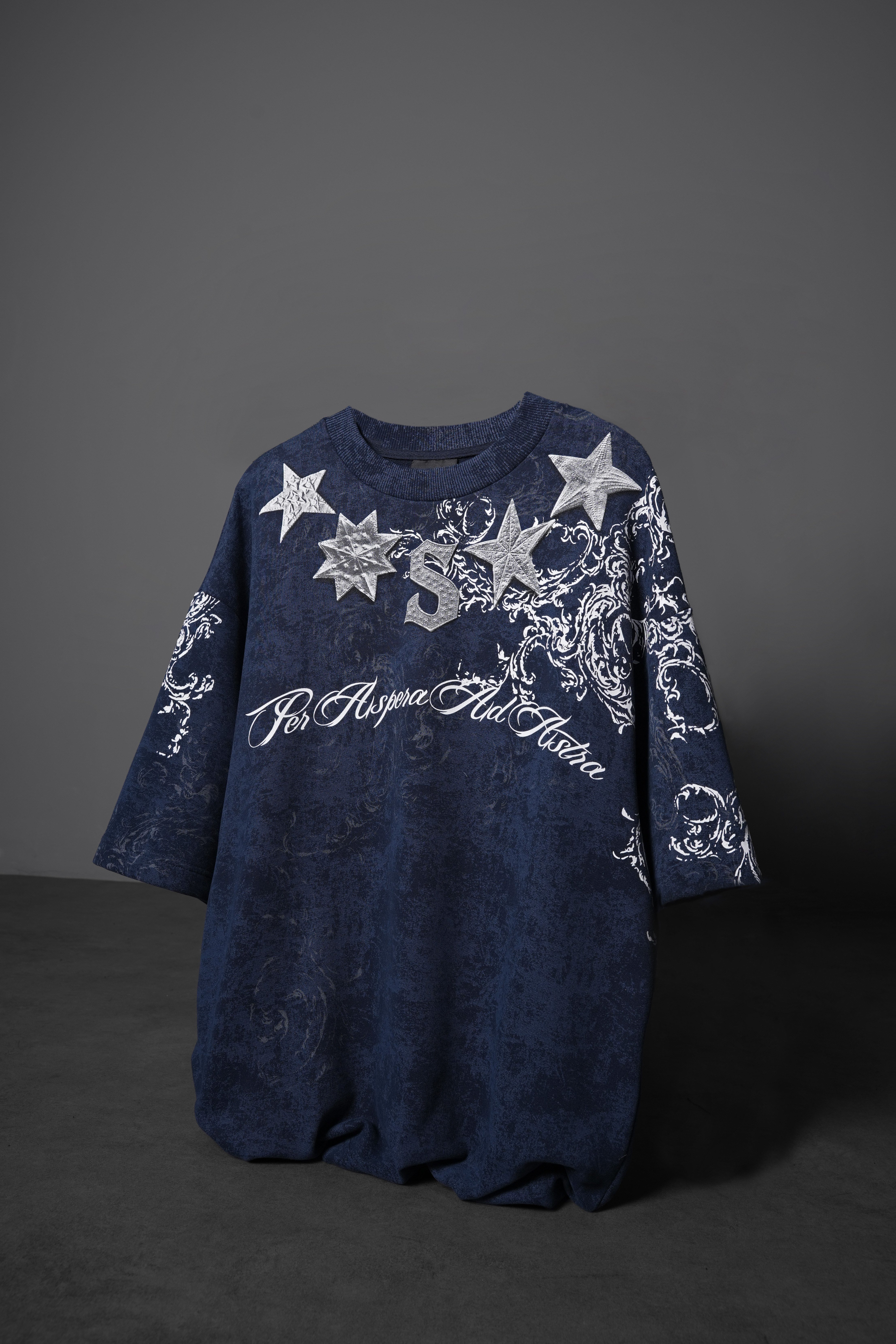 Erkek Lacivert SuperStar Baskılı Oversize Yıkama Efektli Tshirt