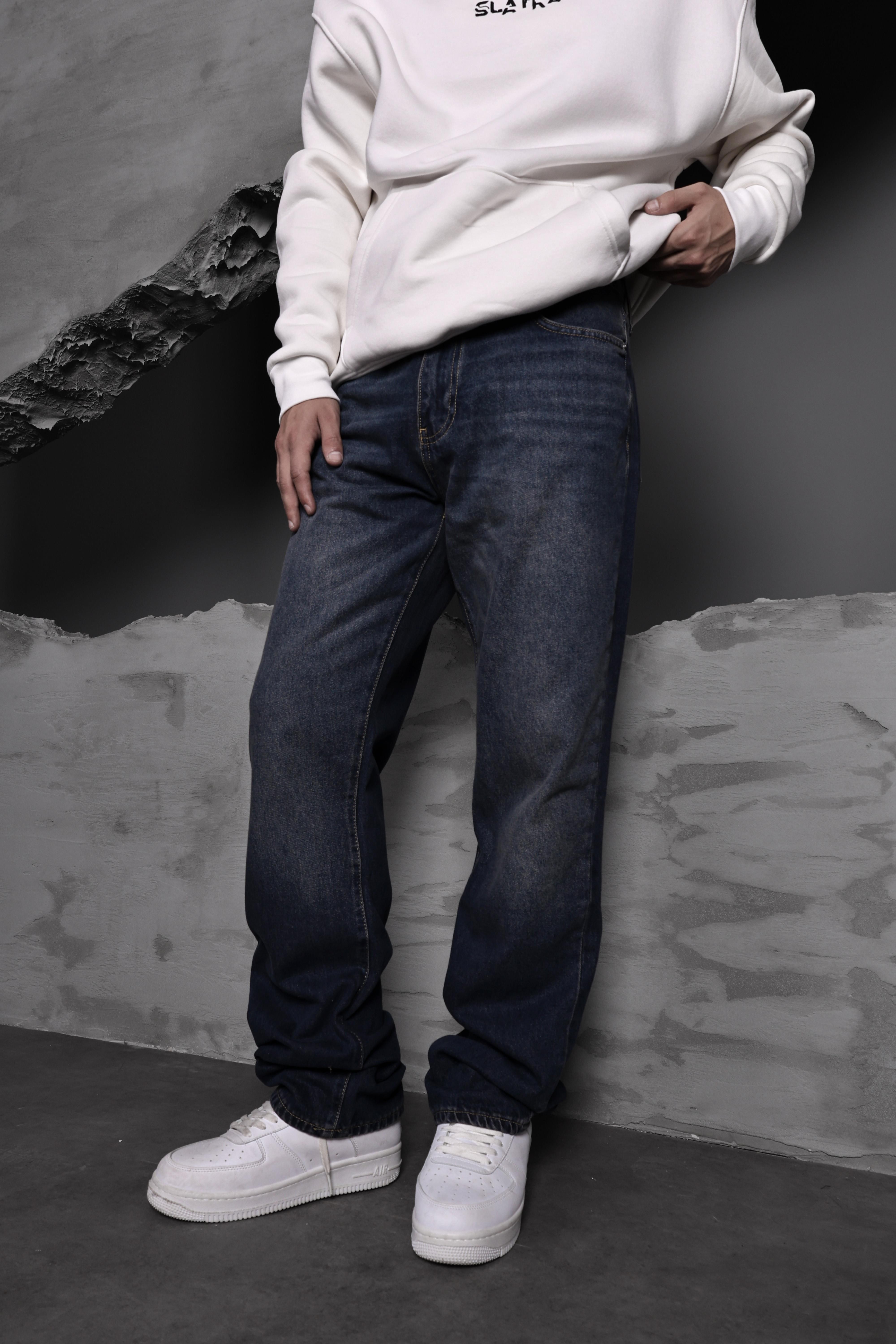 Erkek Lacivert Taşlı Straight Fit Pantolon