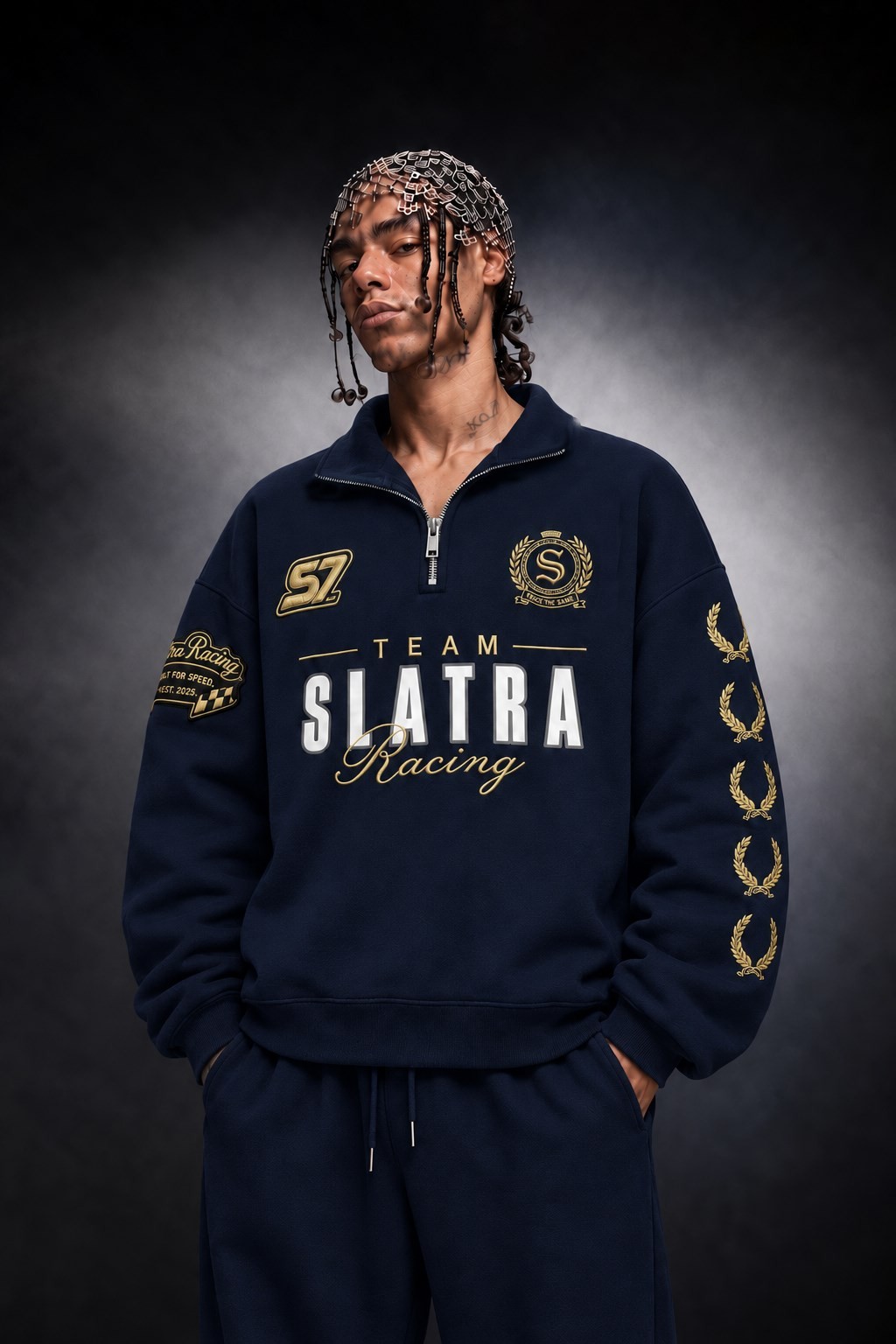 Erkek Lacivert Team Racing Oversize Half Zip Sweatshirt