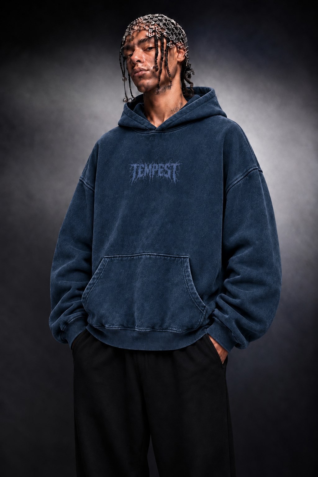 Erkek Lacivert Tempest Özel Yıkamalı Oversize Hoodie