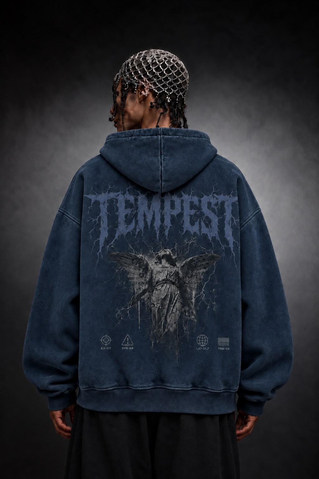 Erkek Lacivert Tempest Özel Yıkamalı Oversize Hoodie