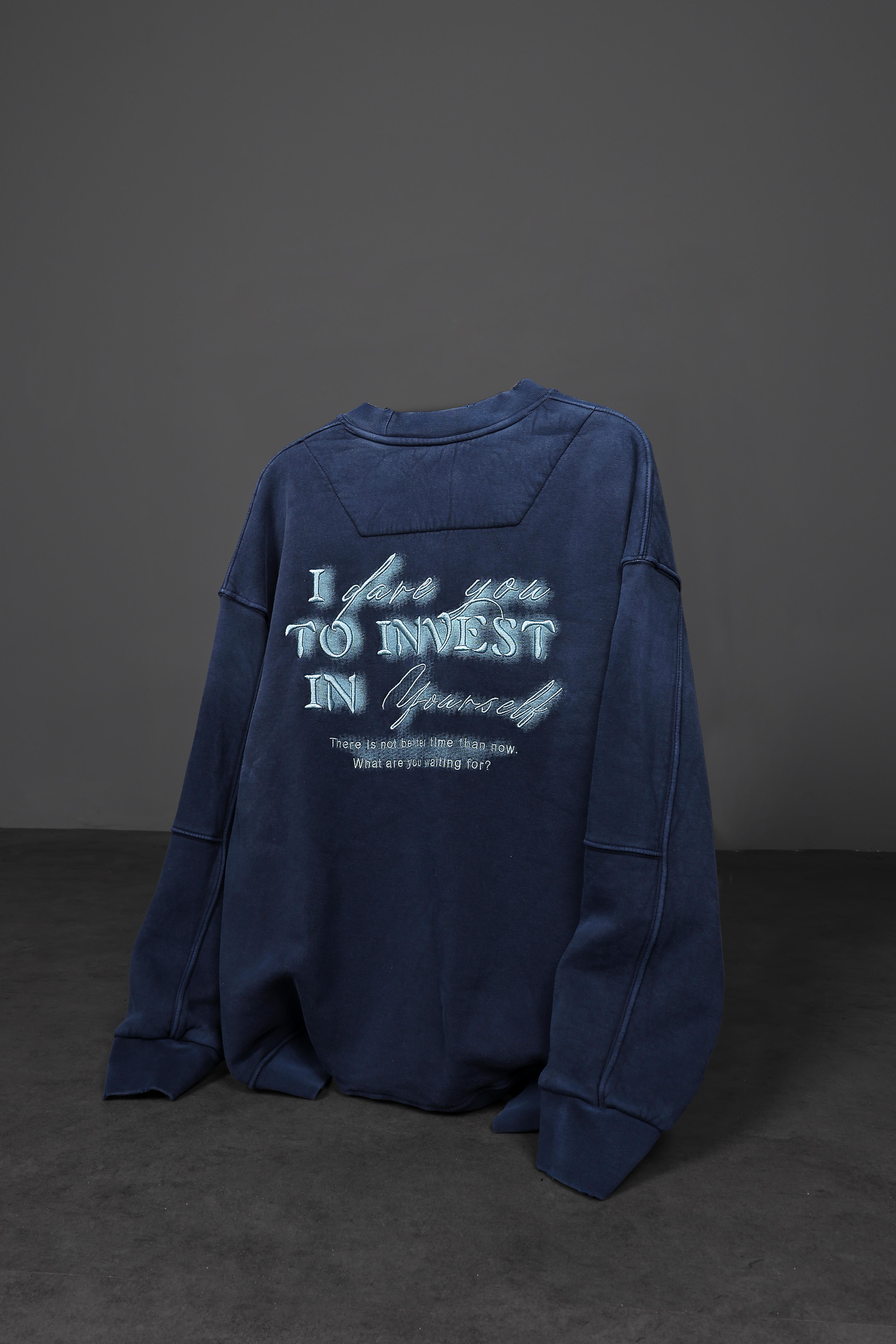 Erkek Lacivert To İnvest Yıkamalı Nakışlı Oversize Sweatshirt