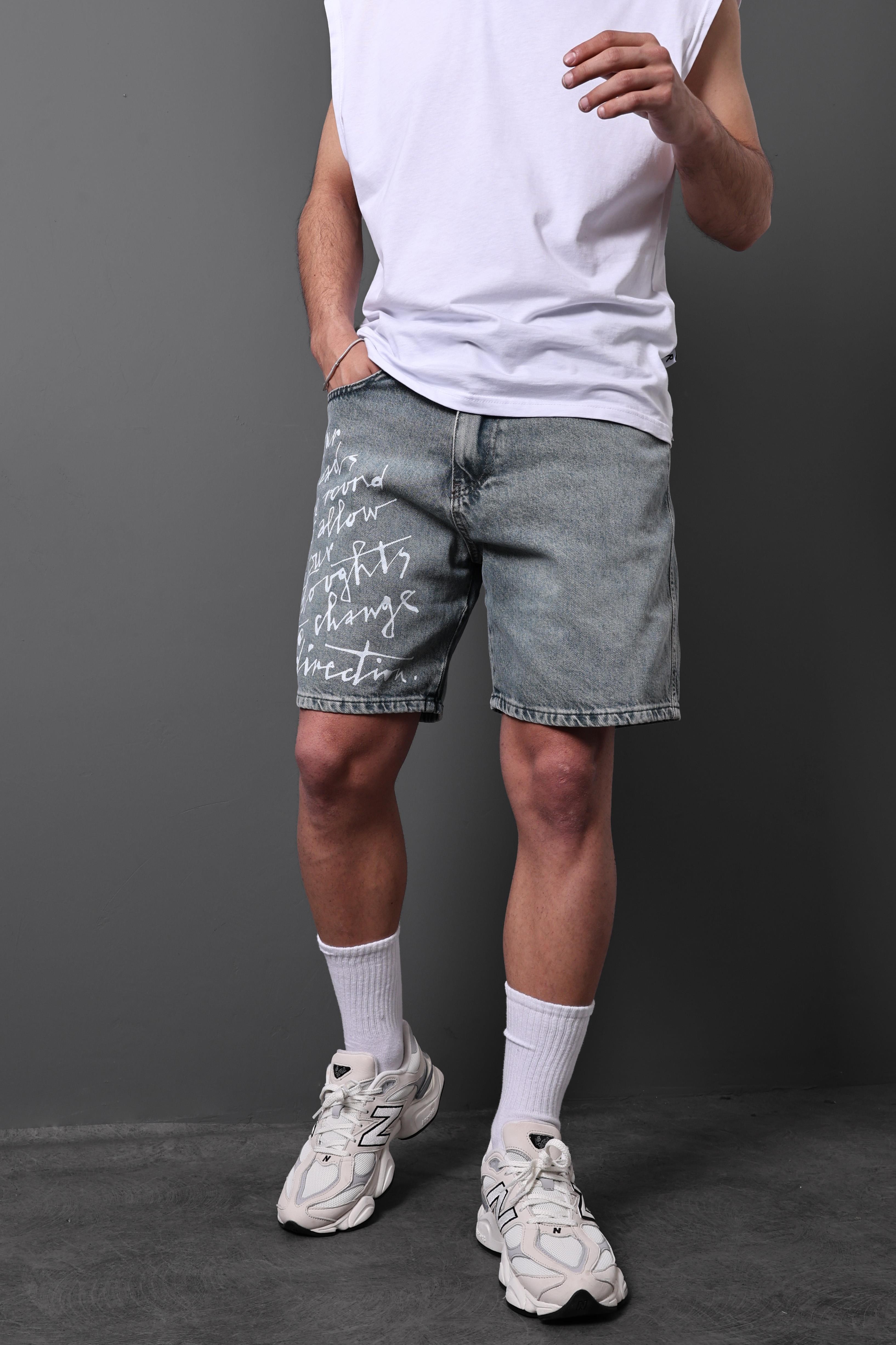 Erkek Mavi Change Direction Taşlı Diz Üstü Denim Şort