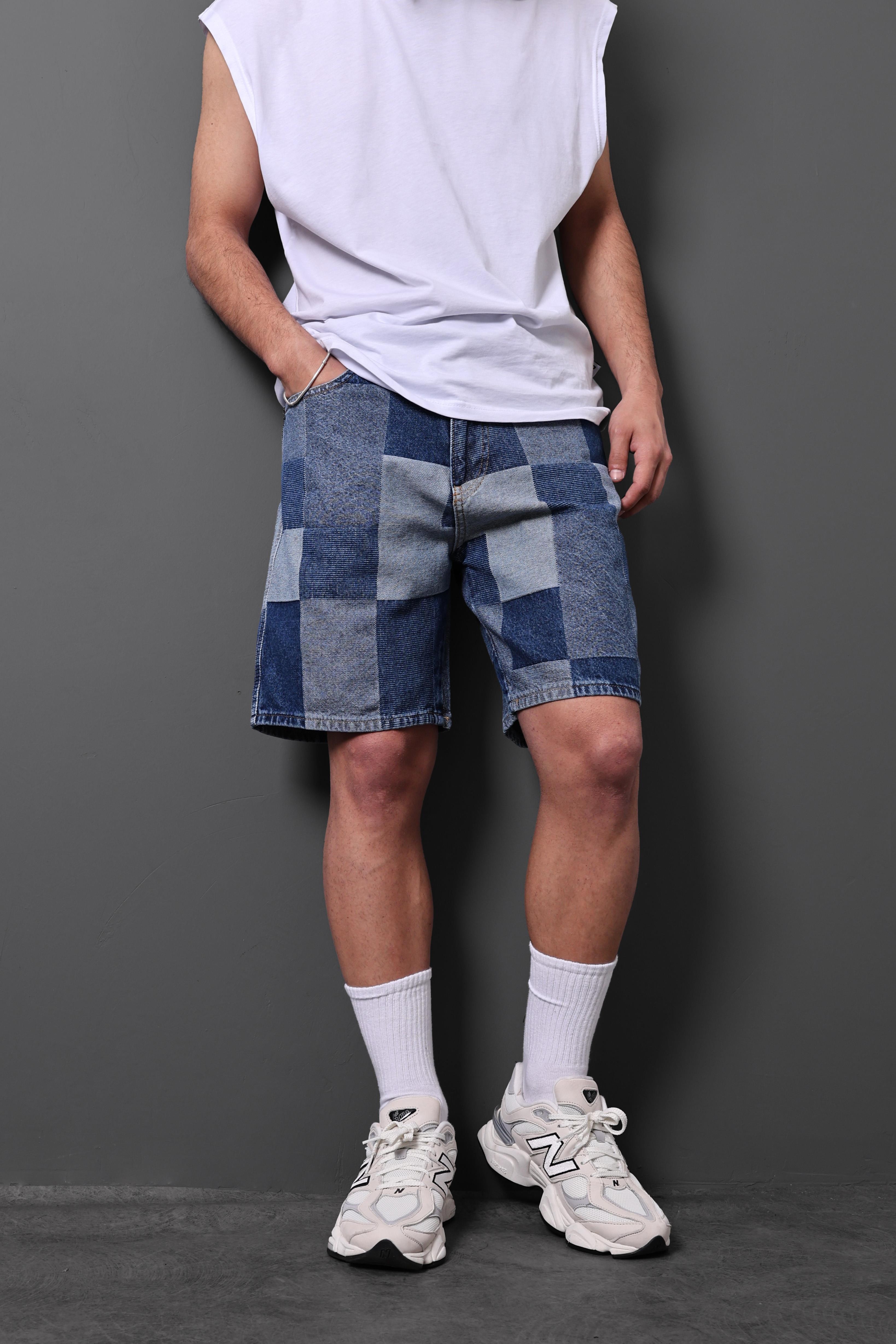 Erkek Mavi Damalı Diz Üstü Denim Şort