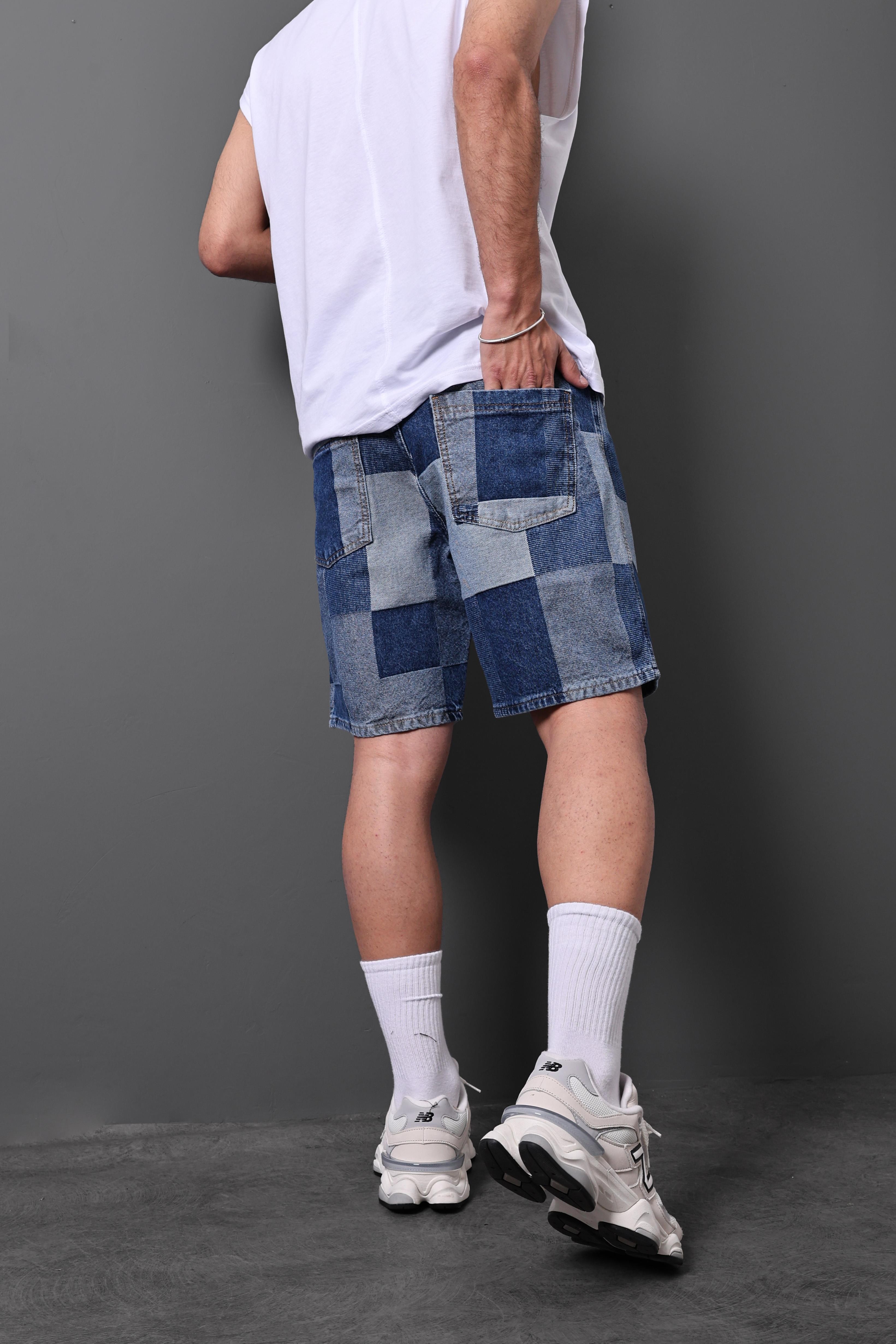 Erkek Mavi Damalı Diz Üstü Denim Şort